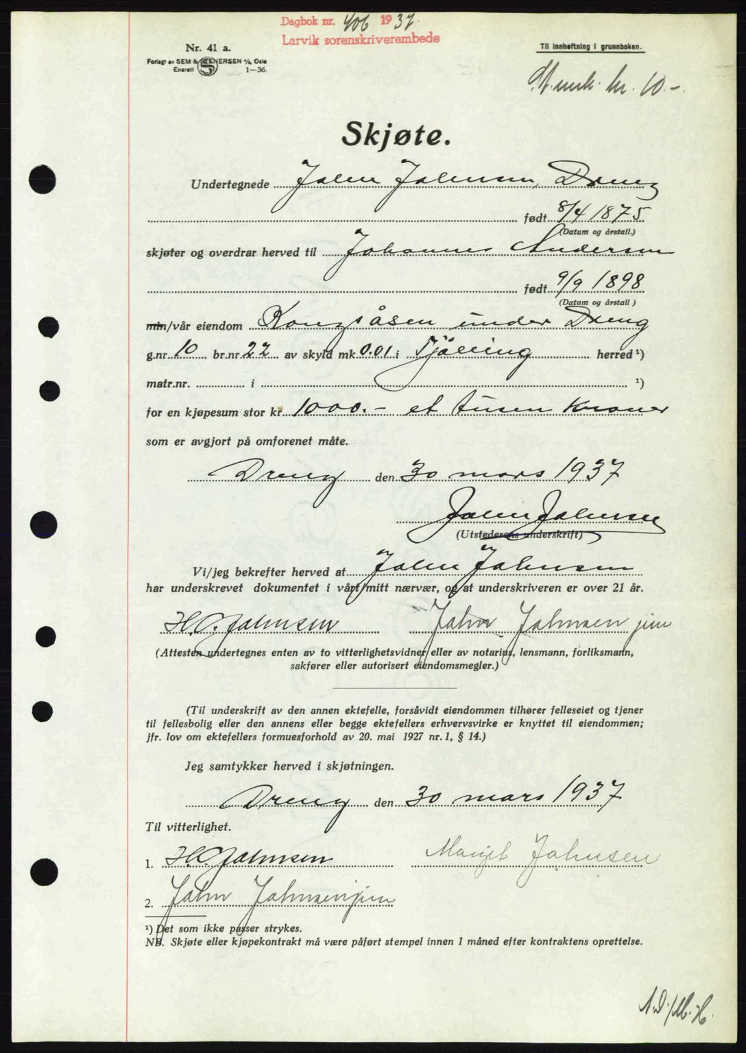 Larvik sorenskriveri, SAKO/A-83/G/Ga/Gab/L0067: Mortgage book no. A-1, 1936-1937, Diary no: : 406/1937