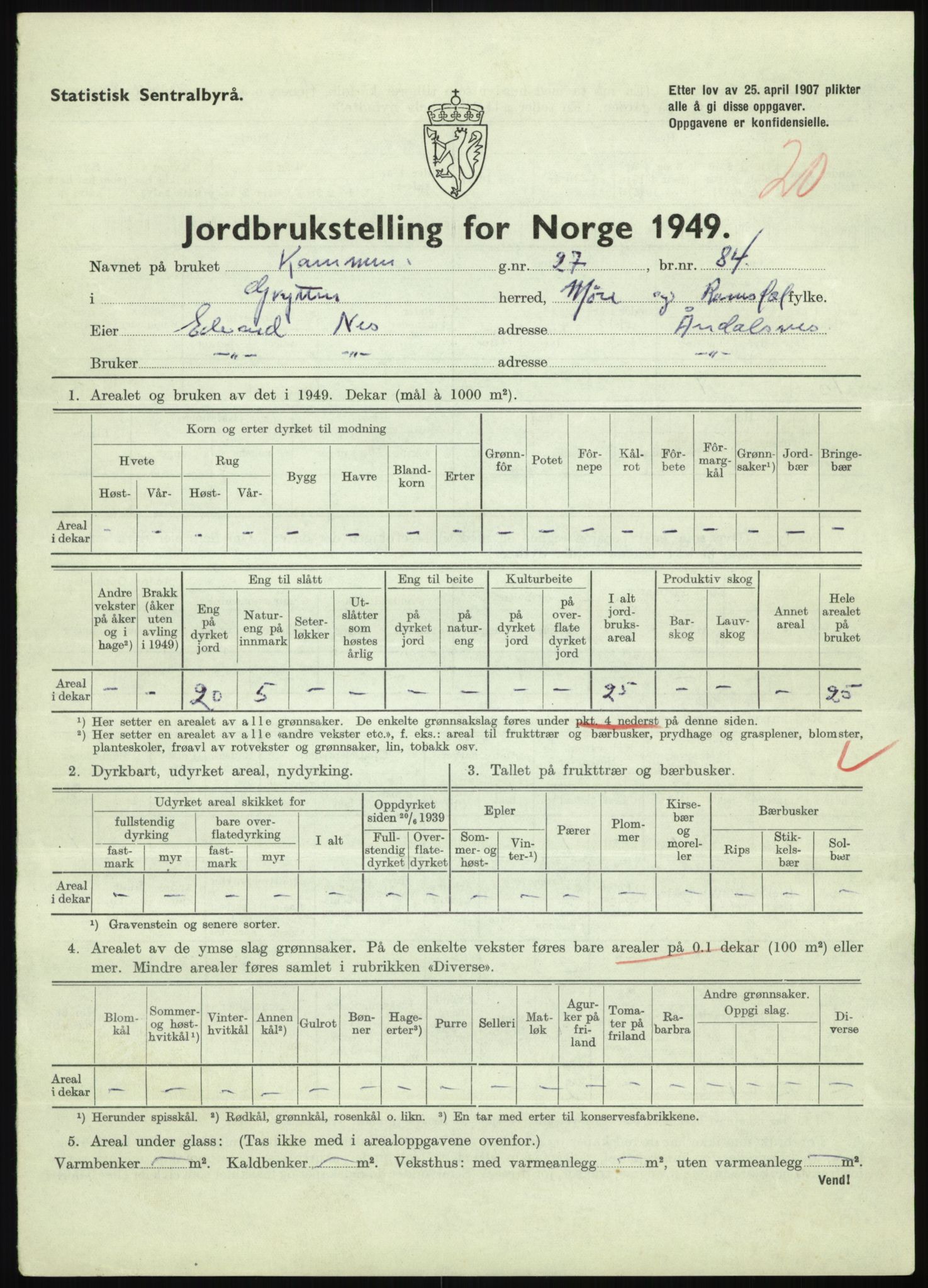 Statistisk sentralbyrå, Næringsøkonomiske emner, Jordbruk, skogbruk, jakt, fiske og fangst, AV/RA-S-2234/G/Gc/L0323: Møre og Romsdal: Grytten og Hen, 1949, p. 131