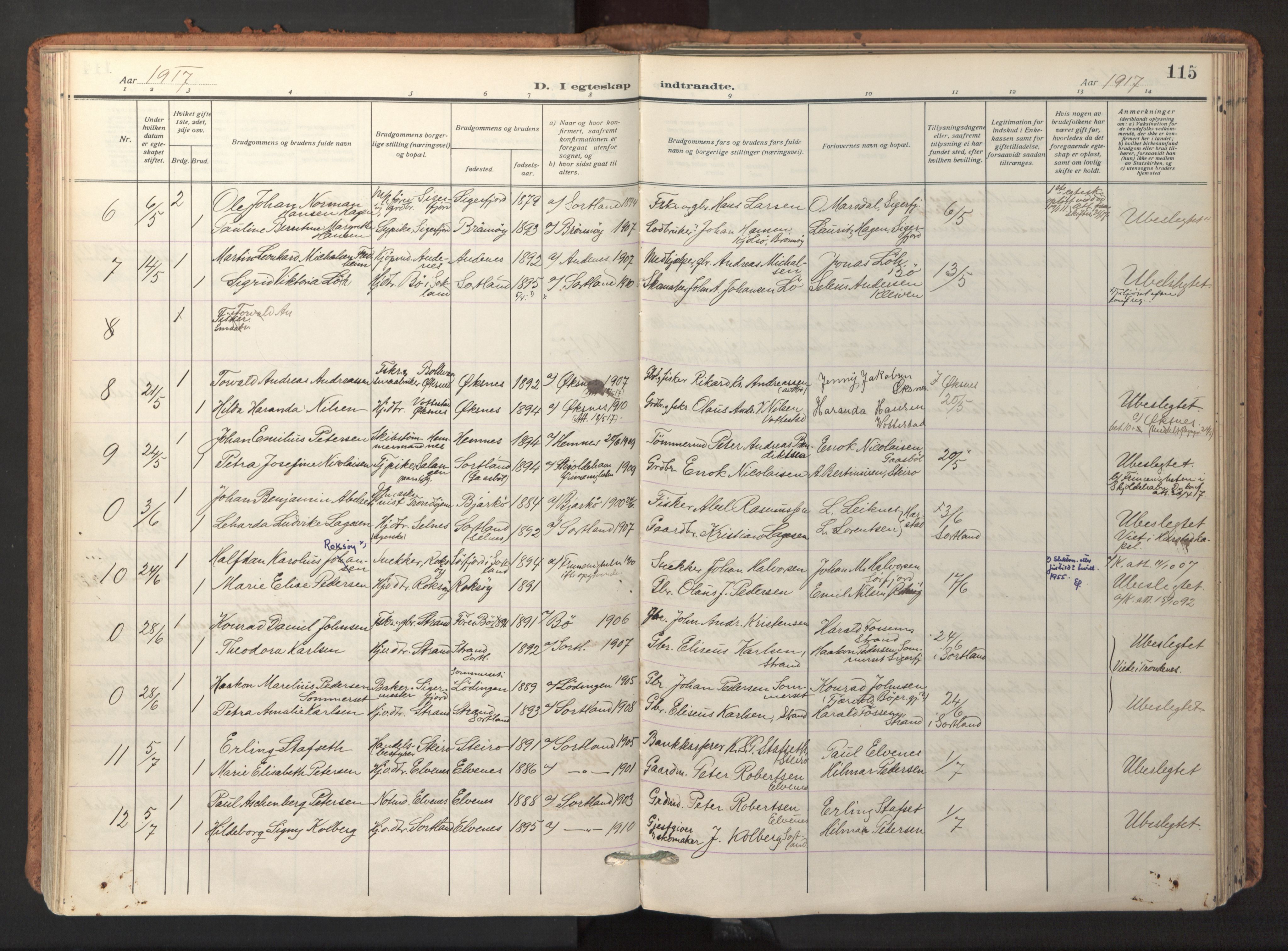 Ministerialprotokoller, klokkerbøker og fødselsregistre - Nordland, AV/SAT-A-1459/895/L1374: Parish register (official) no. 895A09, 1915-1925, p. 115