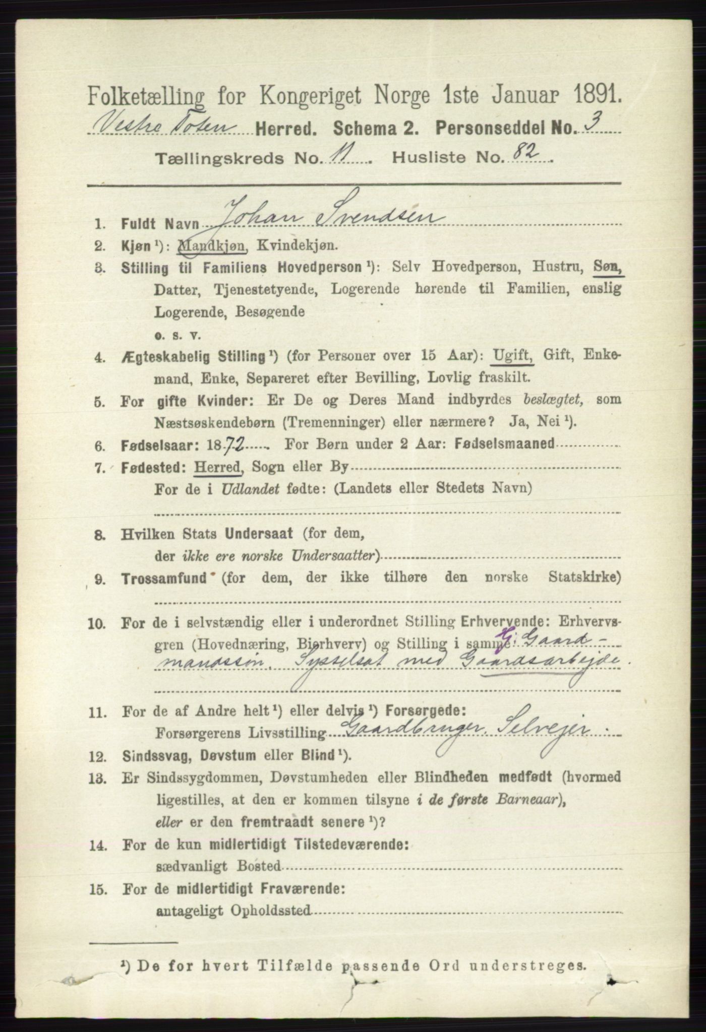 RA, 1891 census for 0529 Vestre Toten, 1891, p. 7198