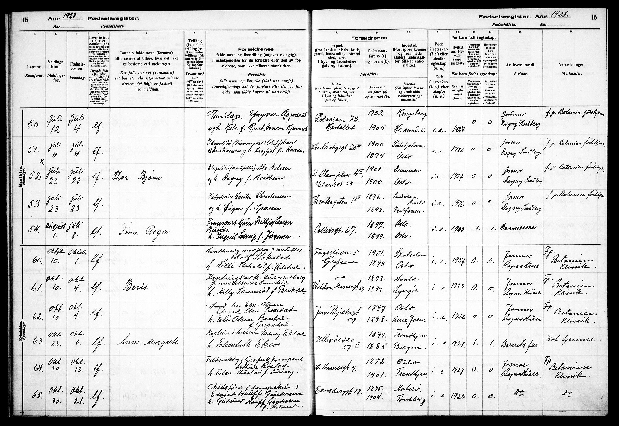 Gamle Aker prestekontor Kirkebøker, AV/SAO-A-10617a/J/L0002: Birth register no. 2, 1927-1935, p. 15