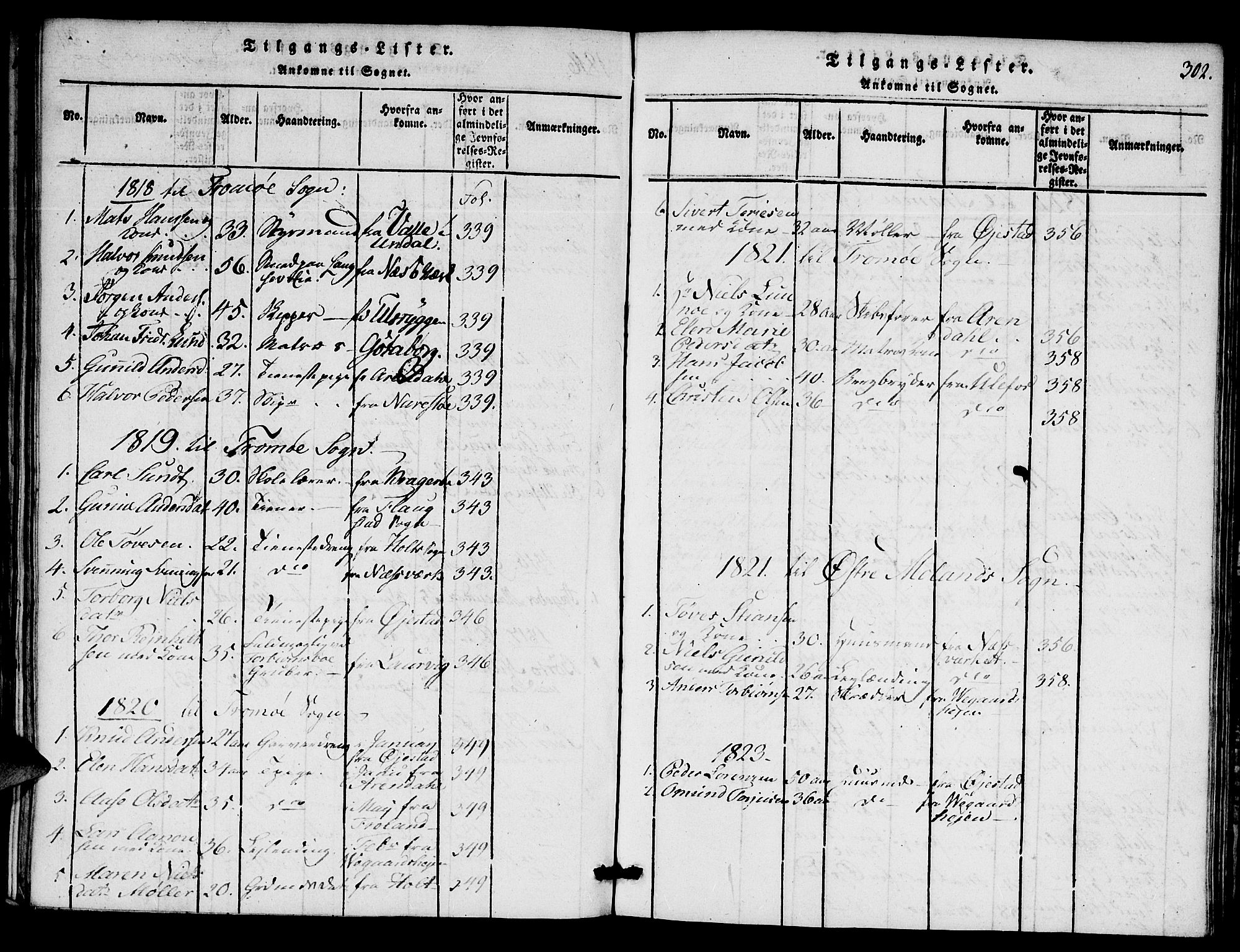 Austre Moland sokneprestkontor, SAK/1111-0001/F/Fa/Faa/L0004: Parish register (official) no. A 4, 1816-1824, p. 302