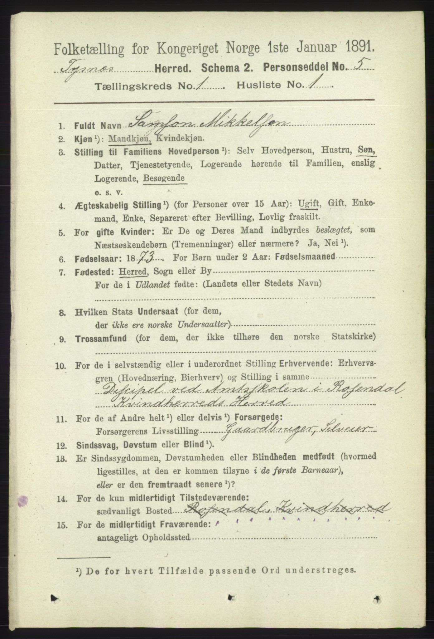 RA, 1891 census for 1223 Tysnes, 1891, p. 92