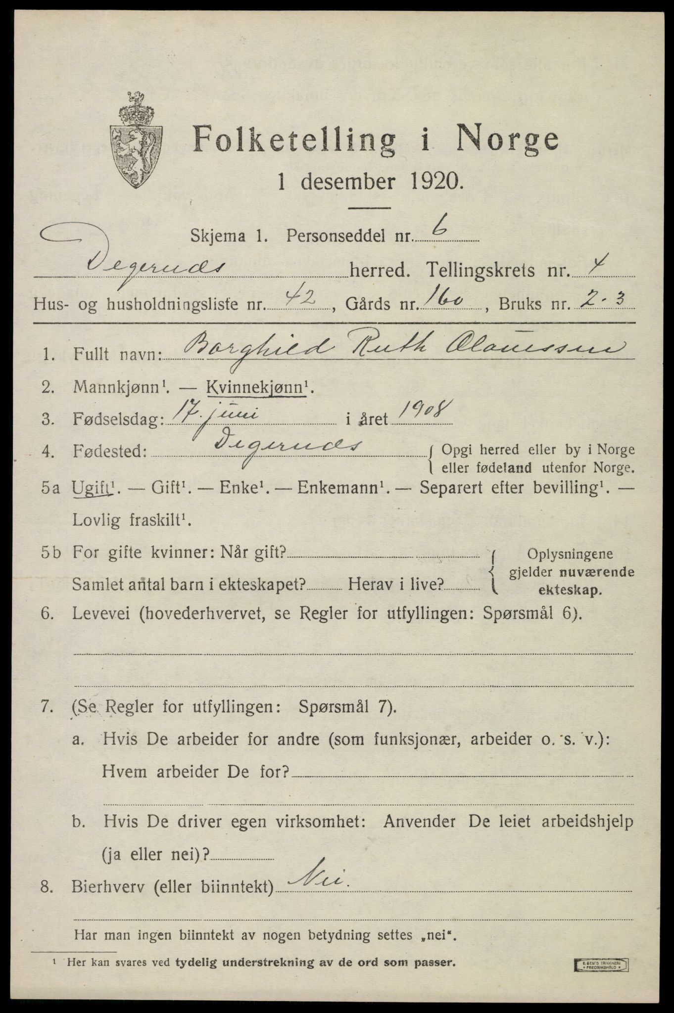 SAO, 1920 census for Degernes, 1920, p. 2726