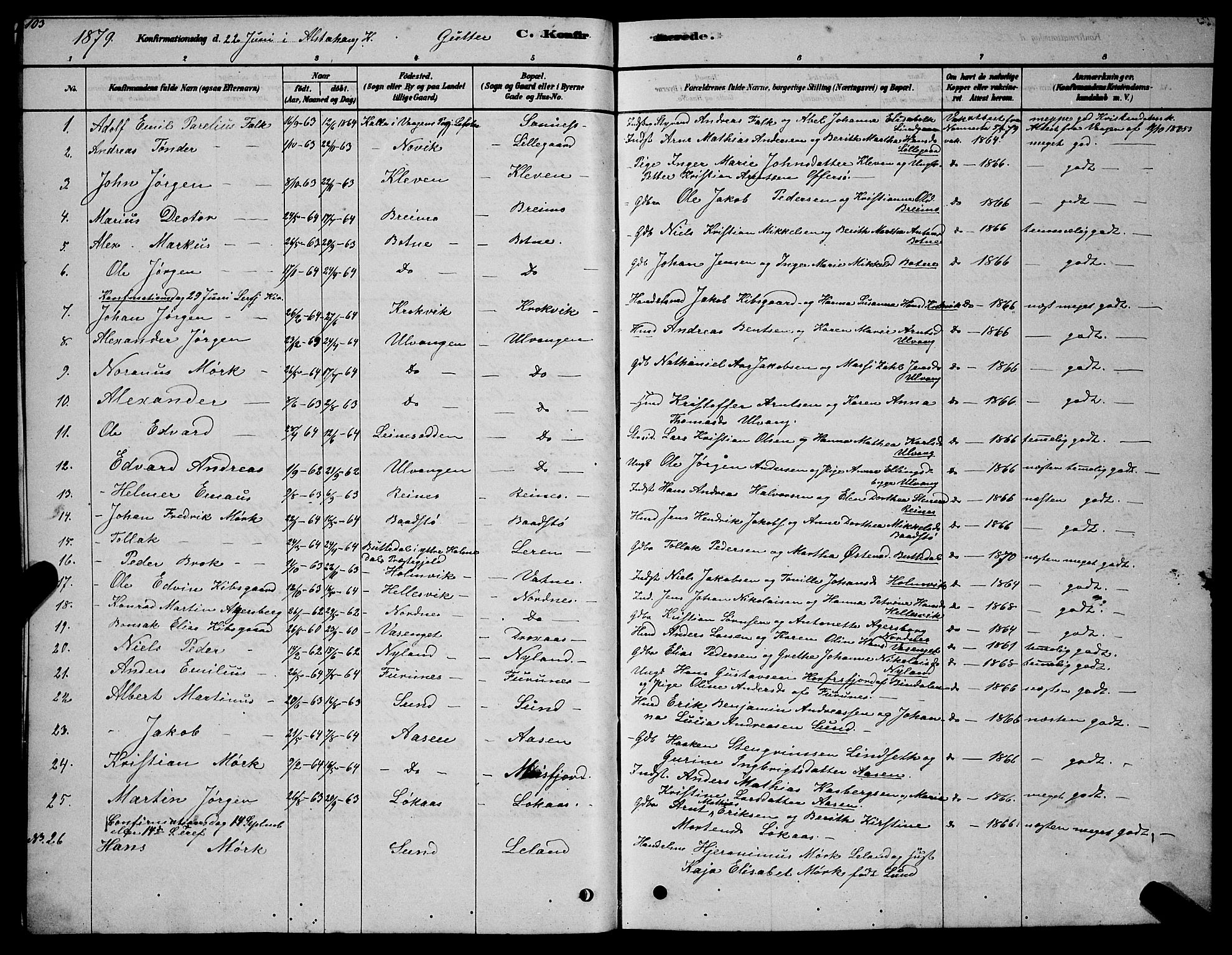 Ministerialprotokoller, klokkerbøker og fødselsregistre - Nordland, AV/SAT-A-1459/831/L0477: Parish register (copy) no. 831C04, 1878-1897, p. 103