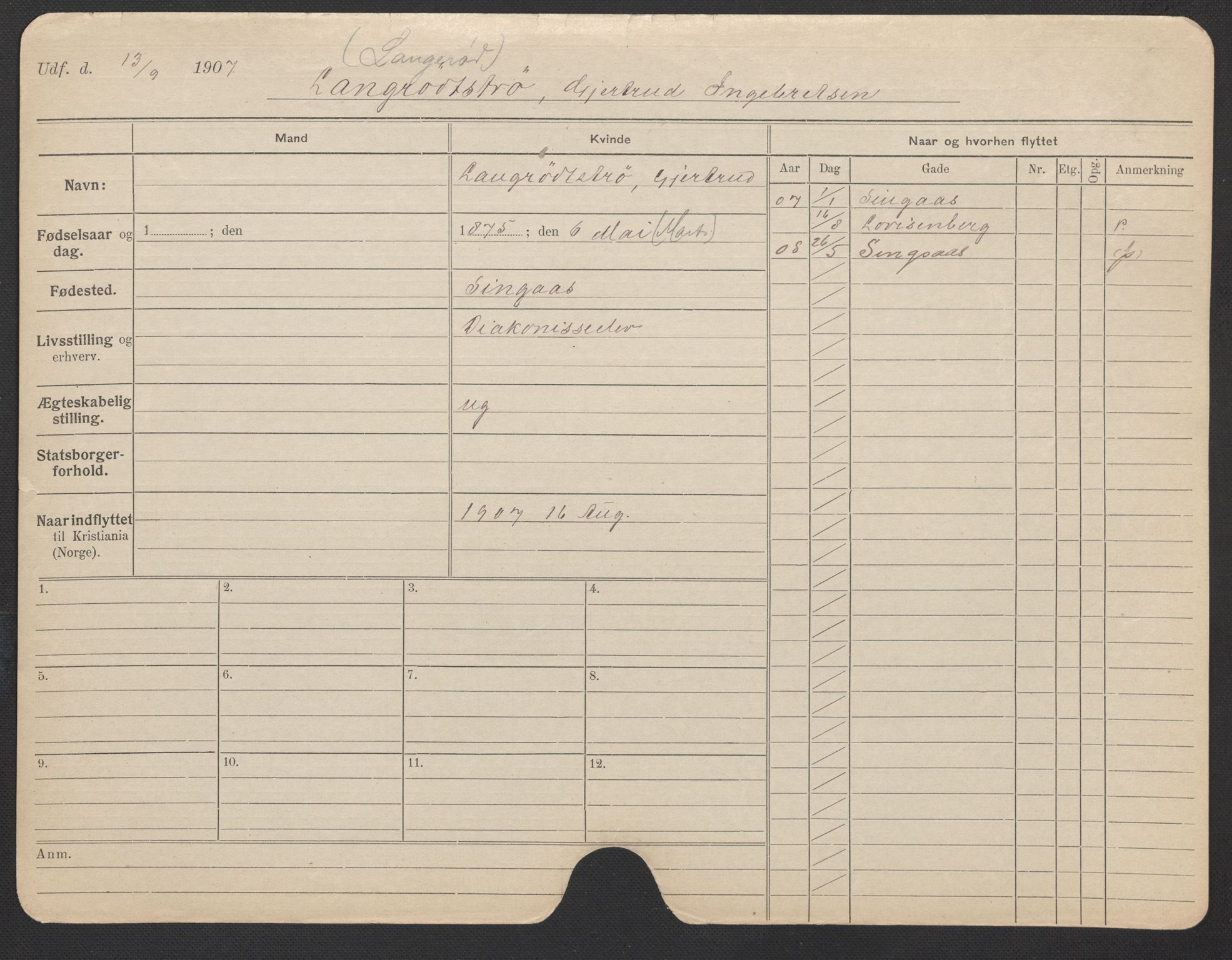 Oslo folkeregister, Registerkort, AV/SAO-A-11715/F/Fa/Fac/L0019: Kvinner, 1906-1914, p. 754a