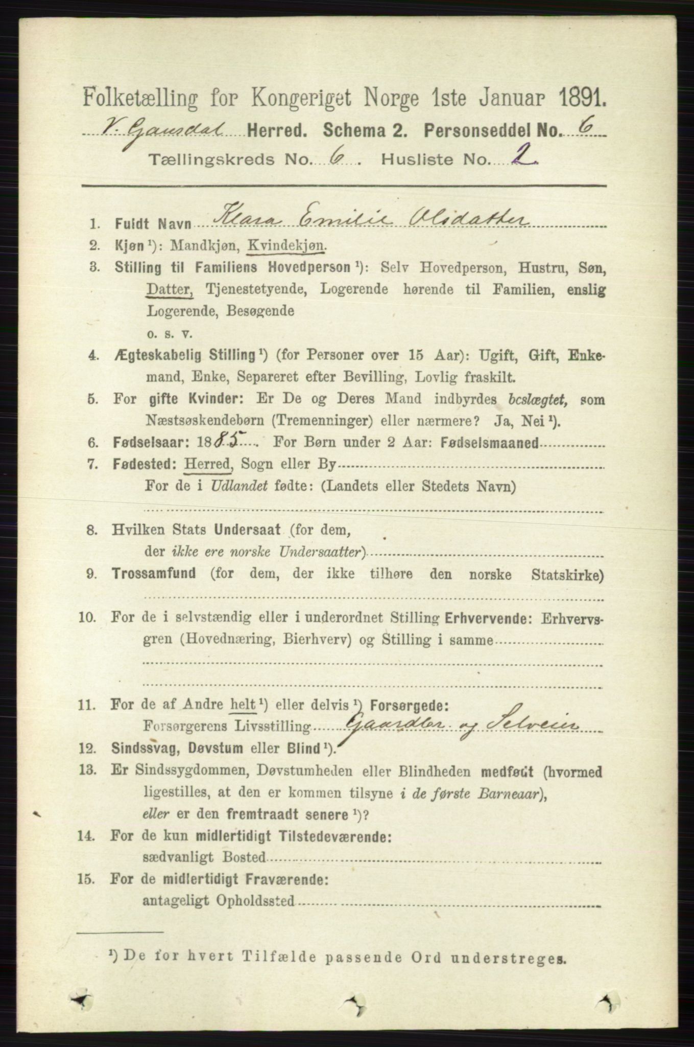 RA, 1891 census for 0523 Vestre Gausdal, 1891, p. 2564