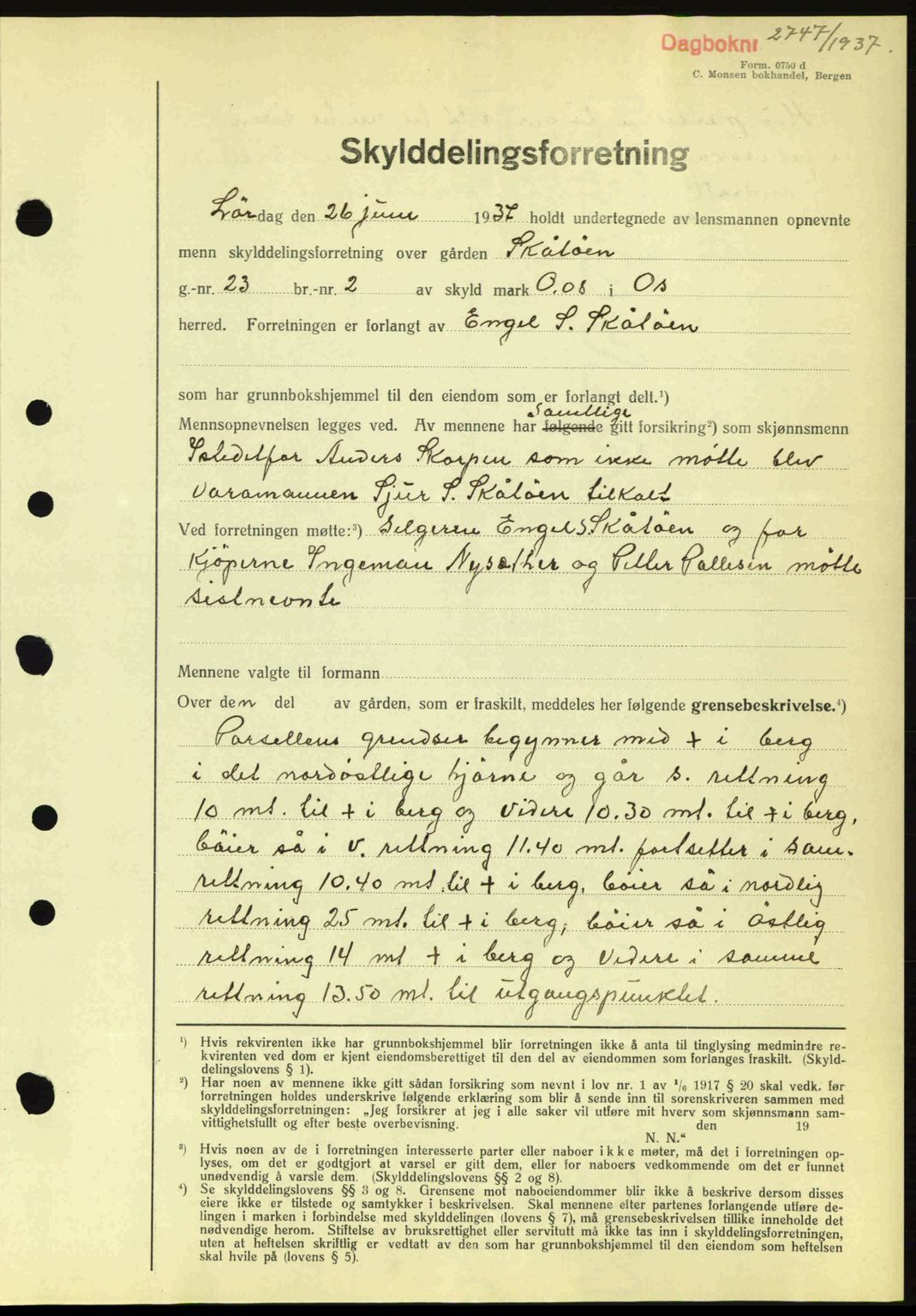 Midhordland sorenskriveri, AV/SAB-A-3001/1/G/Gb/Gbi/L0002: Mortgage book no. A3-7, 1936-1937, Diary no: : 2747/1937