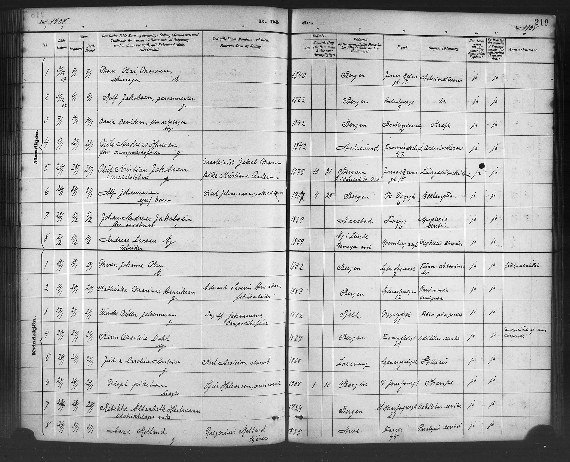 Johanneskirken sokneprestembete, SAB/A-76001/H/Hab: Parish register (copy) no. D 1, 1885-1915, p. 219