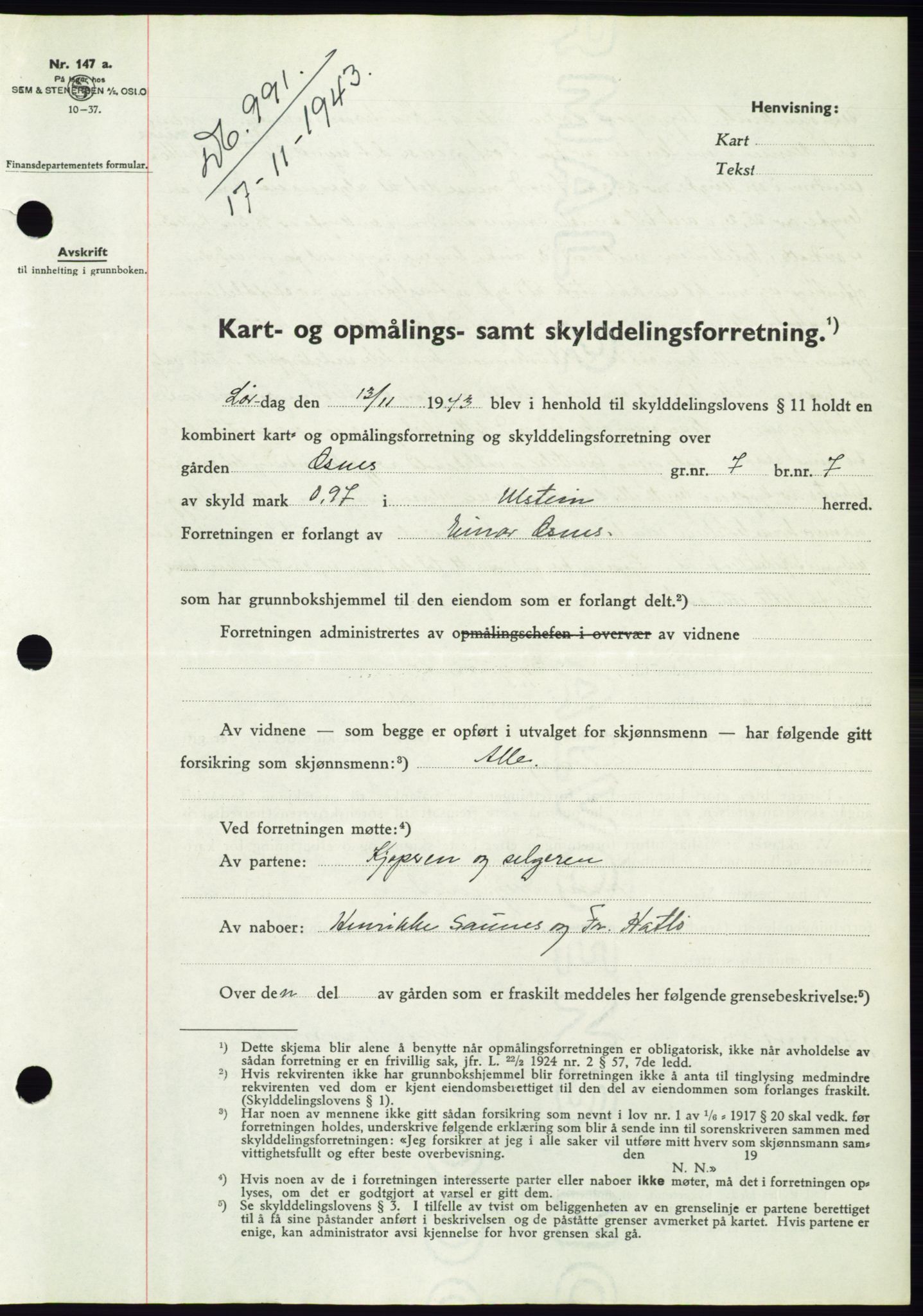 Søre Sunnmøre sorenskriveri, AV/SAT-A-4122/1/2/2C/L0075: Mortgage book no. 1A, 1943-1943, Diary no: : 991/1943