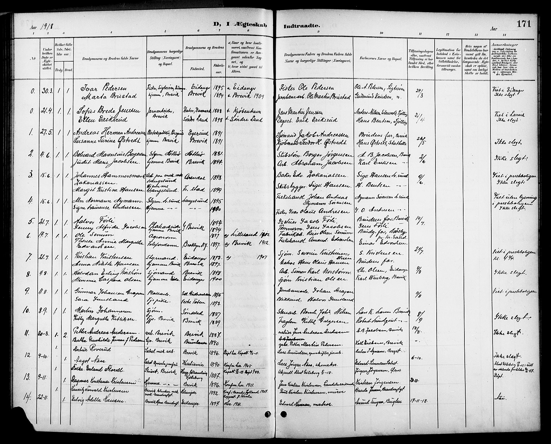 Brevik kirkebøker, SAKO/A-255/G/Ga/L0005: Parish register (copy) no. 5, 1901-1924, p. 171