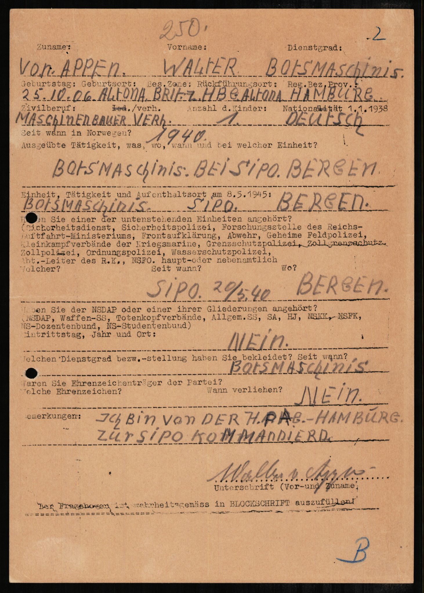 Forsvaret, Forsvarets overkommando II, RA/RAFA-3915/D/Db/L0001: CI Questionaires. Tyske okkupasjonsstyrker i Norge. Tyskere., 1945-1946, p. 274