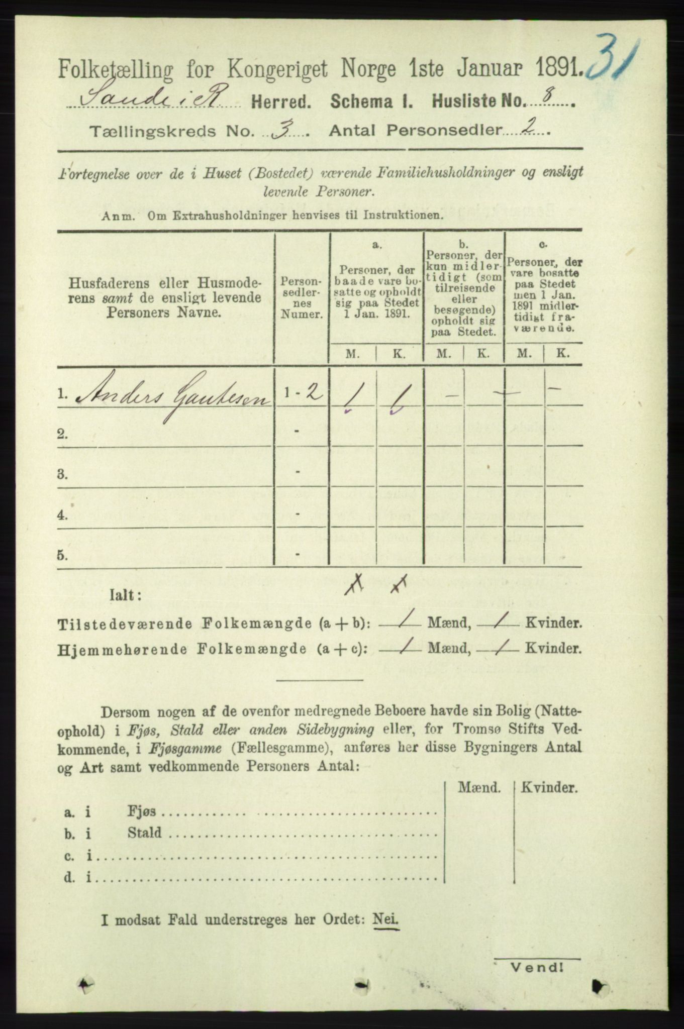 RA, 1891 census for 1135 Sauda, 1891, p. 1156