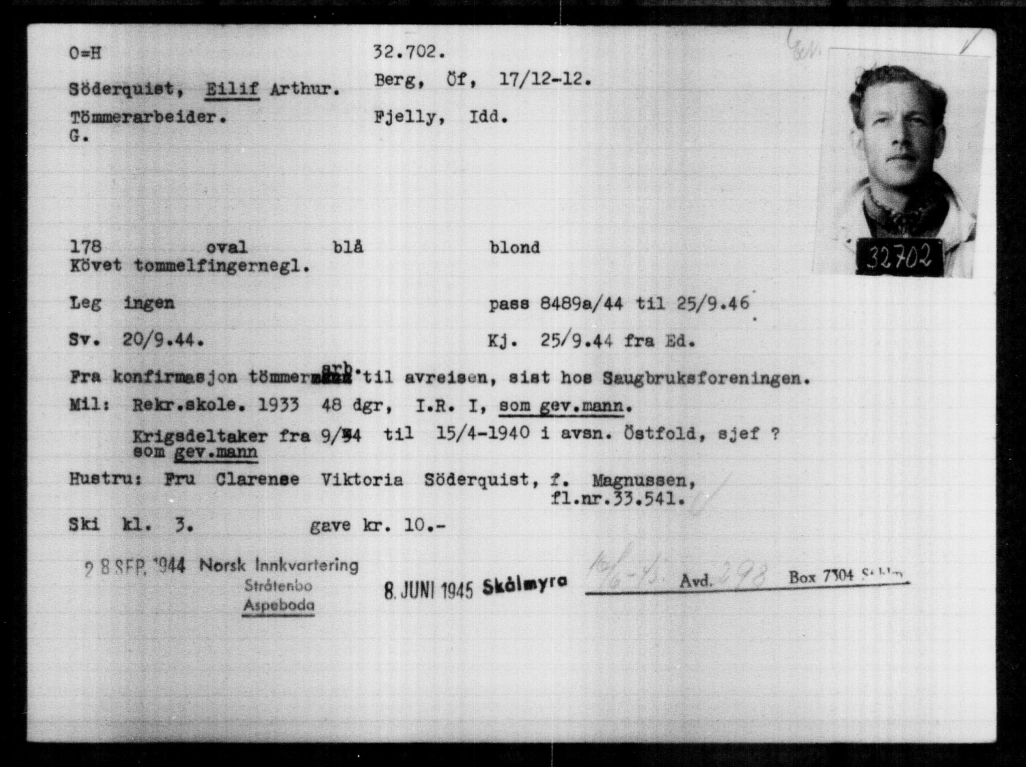Utenriksstasjonene, Legasjonen i Stockholm, Flyktningkontoret, AV/RA-S-6753/V/Va/L0013: Kjesäterkartoteket, flyktninger med registreringsnr. 31500-34731, 1940-1945, p. 1264