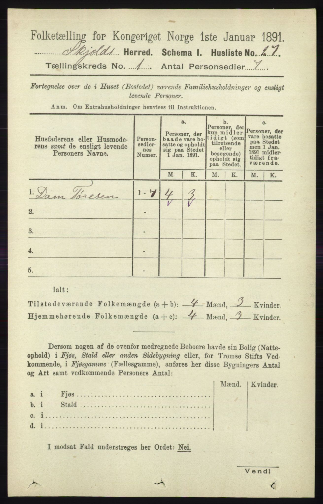 RA, 1891 census for 1154 Skjold, 1891, p. 61