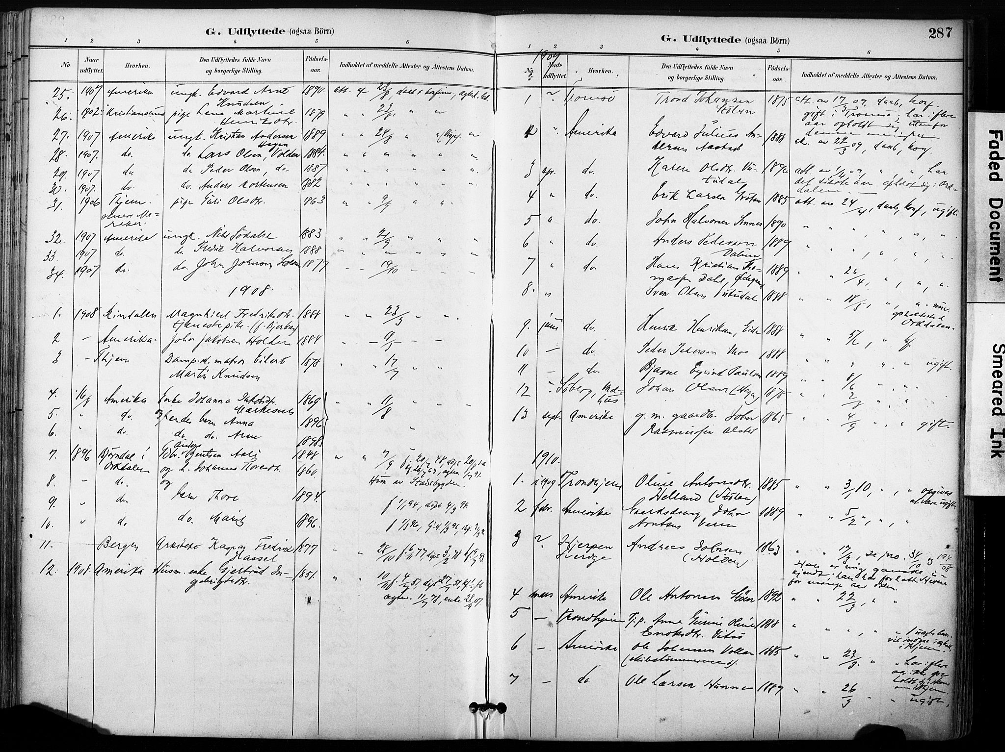 Ministerialprotokoller, klokkerbøker og fødselsregistre - Sør-Trøndelag, AV/SAT-A-1456/630/L0497: Parish register (official) no. 630A10, 1896-1910, p. 287