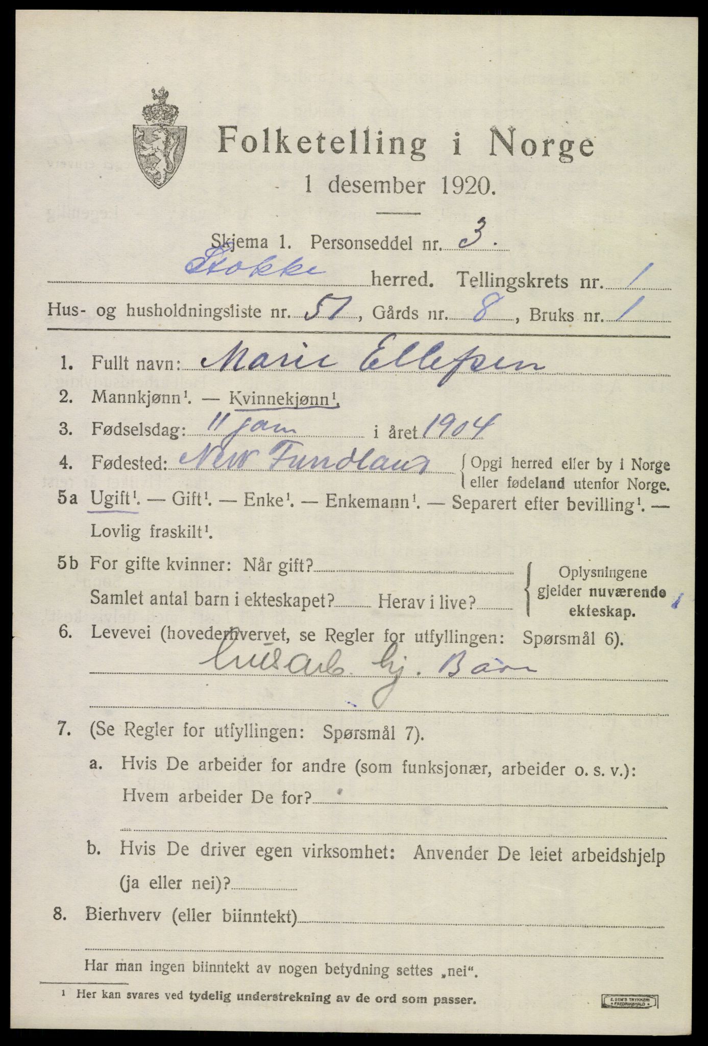 SAKO, 1920 census for Stokke, 1920, p. 2440