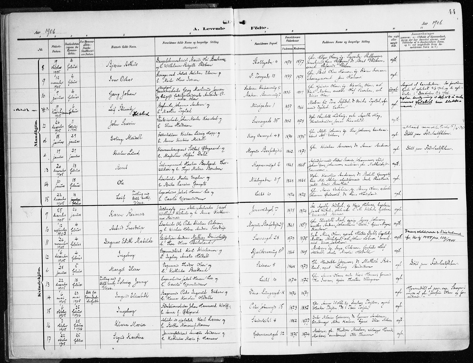 Domkirken sokneprestembete, AV/SAB-A-74801/H/Haa/L0025: Parish register (official) no. B 8, 1903-1925, p. 44