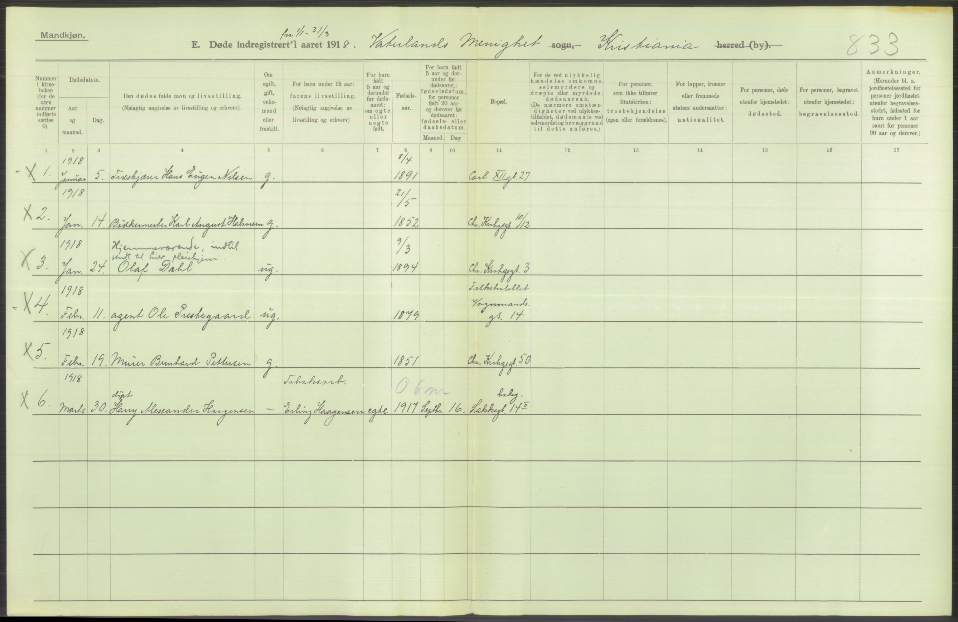 Statistisk sentralbyrå, Sosiodemografiske emner, Befolkning, RA/S-2228/D/Df/Dfb/Dfbh/L0011: Kristiania: Døde, dødfødte, 1918, p. 6