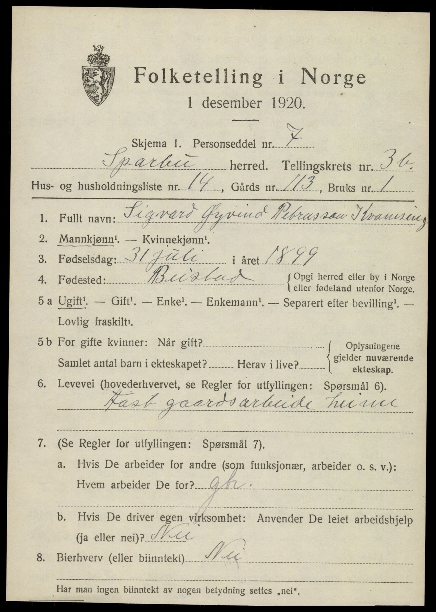 SAT, 1920 census for Sparbu, 1920, p. 4971