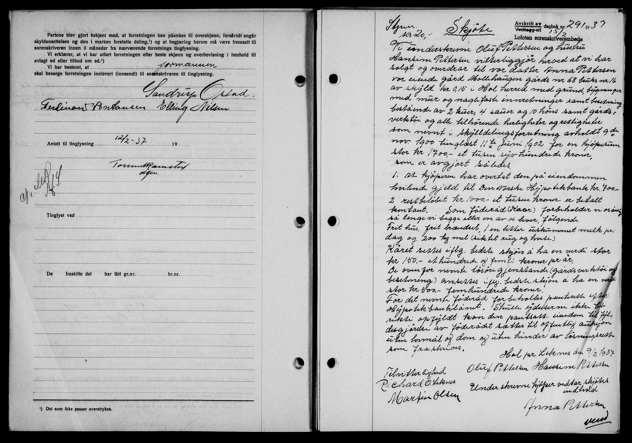 Lofoten sorenskriveri, SAT/A-0017/1/2/2C/L0001a: Mortgage book no. 1a, 1936-1937, Diary no: : 291/1937