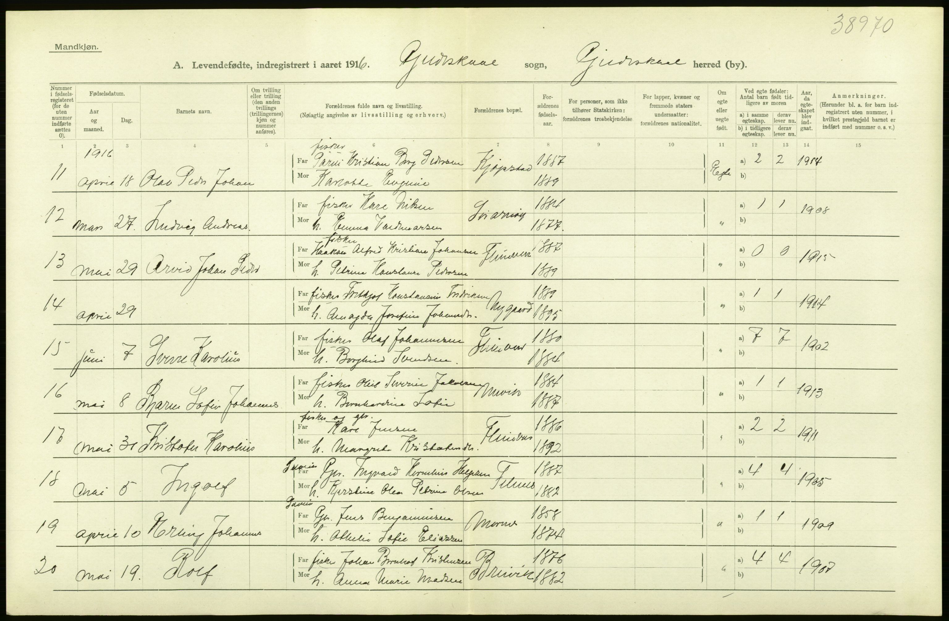 Statistisk sentralbyrå, Sosiodemografiske emner, Befolkning, AV/RA-S-2228/D/Df/Dfb/Dfbf/L0050: Nordlands amt: Levendefødte menn og kvinner. Bygder., 1916, p. 24