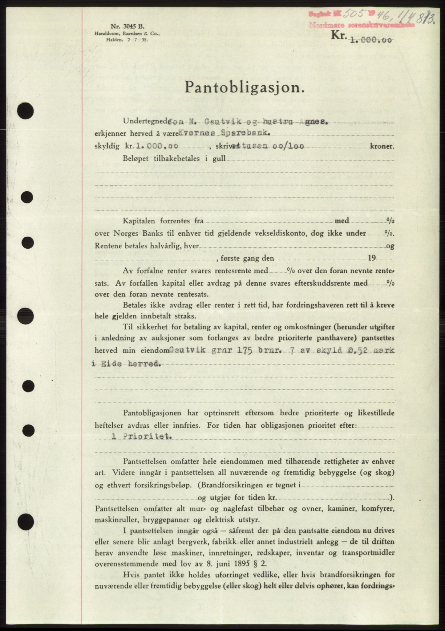 Nordmøre sorenskriveri, AV/SAT-A-4132/1/2/2Ca: Mortgage book no. B93b, 1946-1946, Diary no: : 505/1946