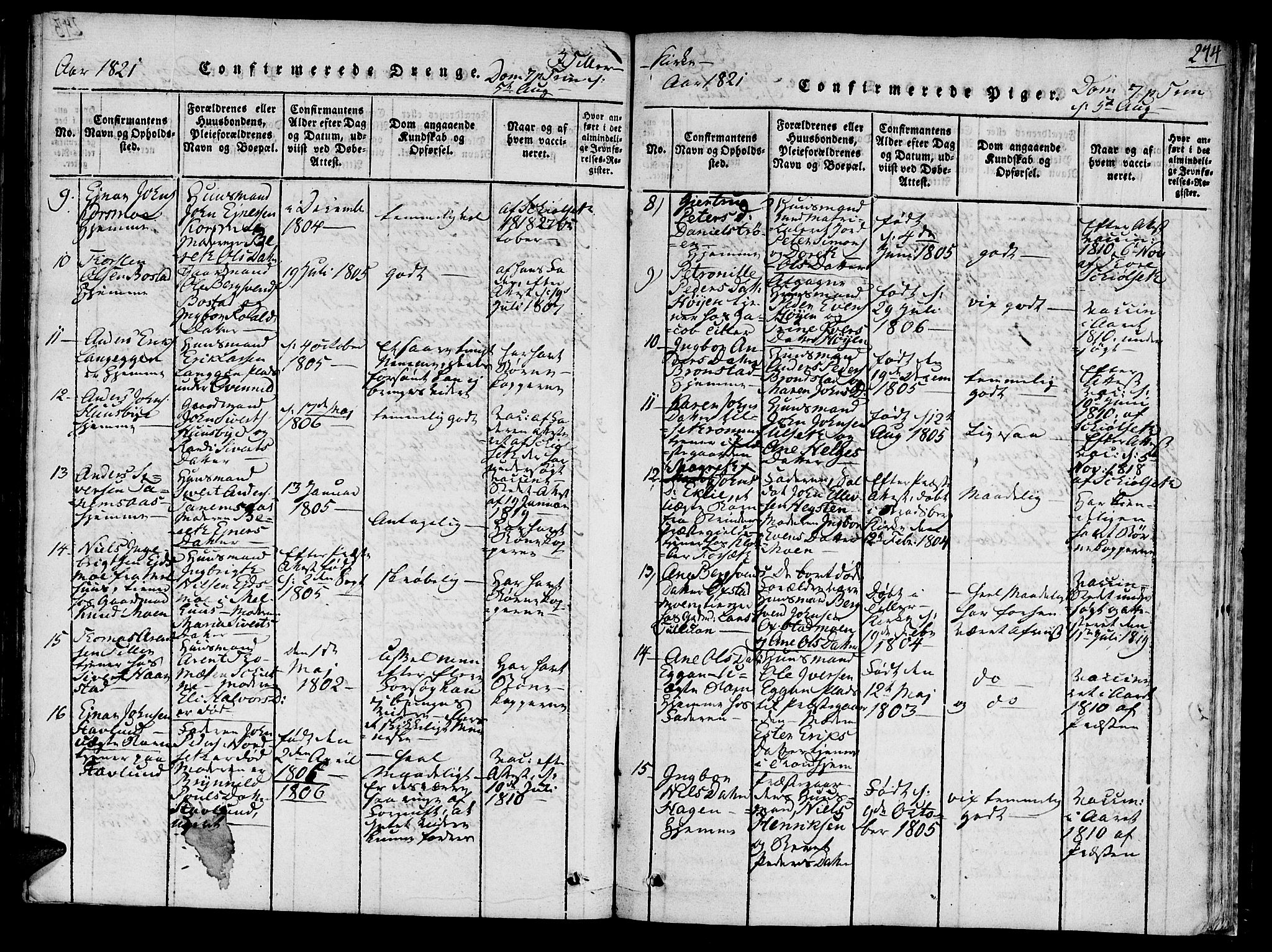 Ministerialprotokoller, klokkerbøker og fødselsregistre - Sør-Trøndelag, SAT/A-1456/618/L0439: Parish register (official) no. 618A04 /1, 1816-1843, p. 244