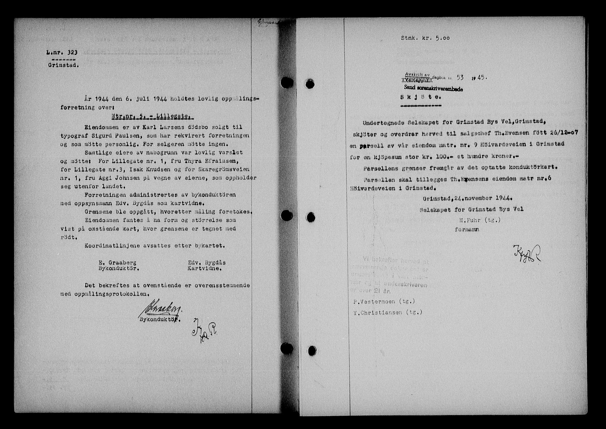 Vestre Nedenes/Sand sorenskriveri, SAK/1221-0010/G/Gb/Gba/L0053: Mortgage book no. A 6, 1944-1945, Diary no: : 53/1945