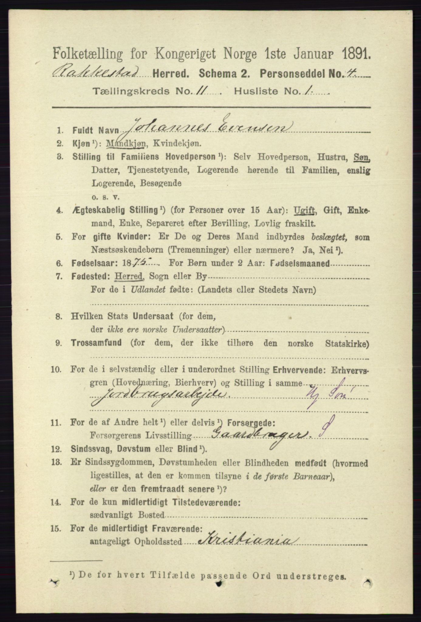 RA, 1891 census for 0128 Rakkestad, 1891, p. 5164