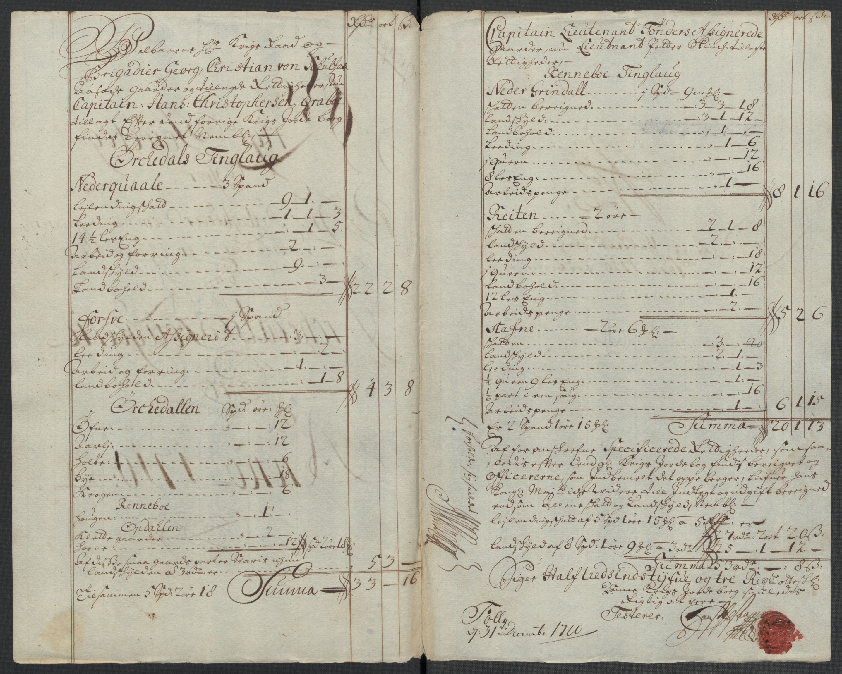 Rentekammeret inntil 1814, Reviderte regnskaper, Fogderegnskap, AV/RA-EA-4092/R60/L3960: Fogderegnskap Orkdal og Gauldal, 1710, p. 319