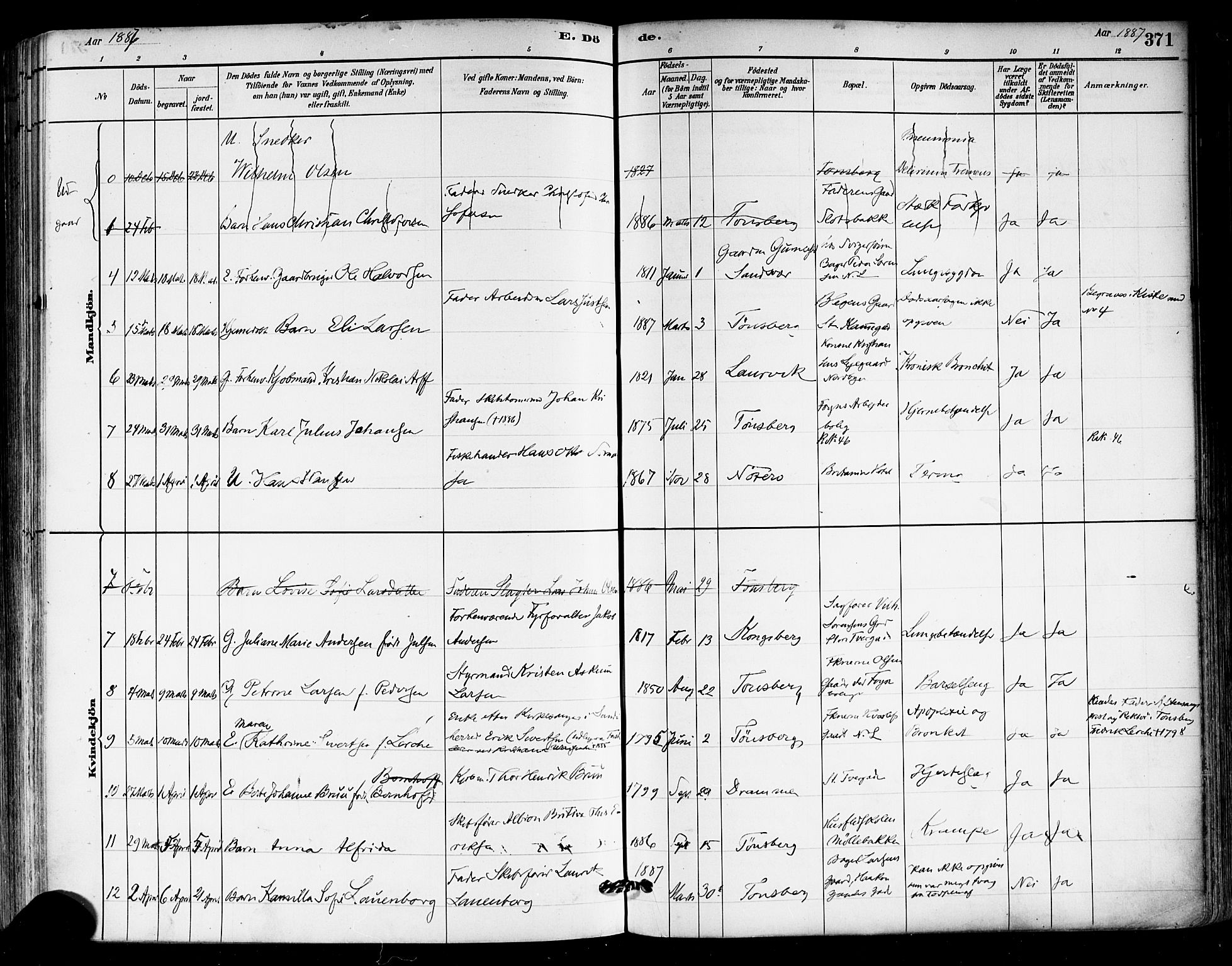 Tønsberg kirkebøker, AV/SAKO-A-330/F/Fa/L0011: Parish register (official) no. I 11, 1881-1890, p. 371