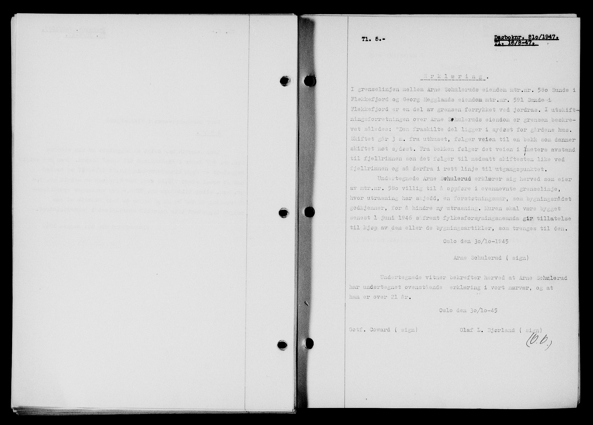 Flekkefjord sorenskriveri, SAK/1221-0001/G/Gb/Gba/L0062: Mortgage book no. A-10, 1947-1947, Diary no: : 810/1947
