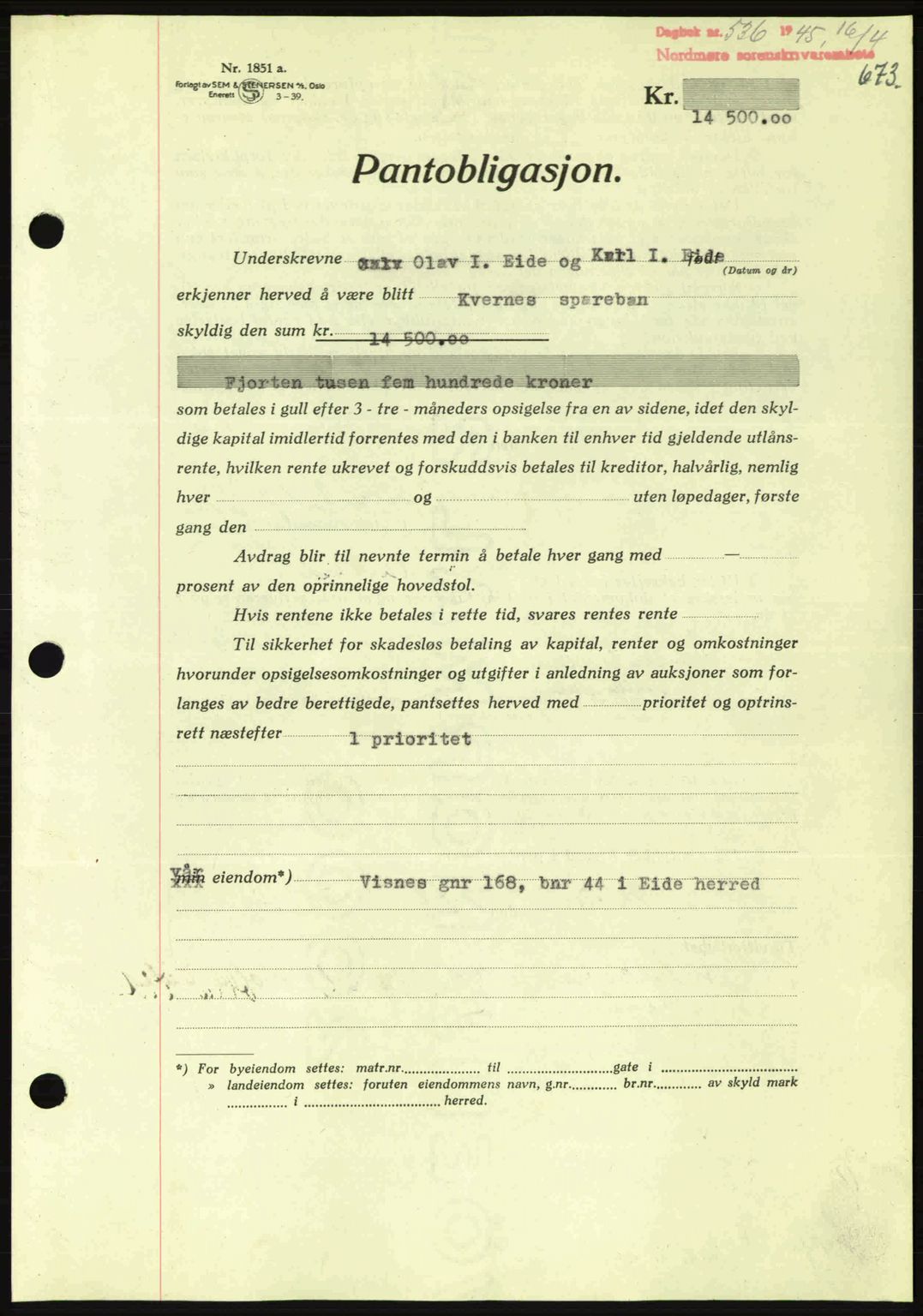 Nordmøre sorenskriveri, AV/SAT-A-4132/1/2/2Ca: Mortgage book no. B92, 1944-1945, Diary no: : 536/1945