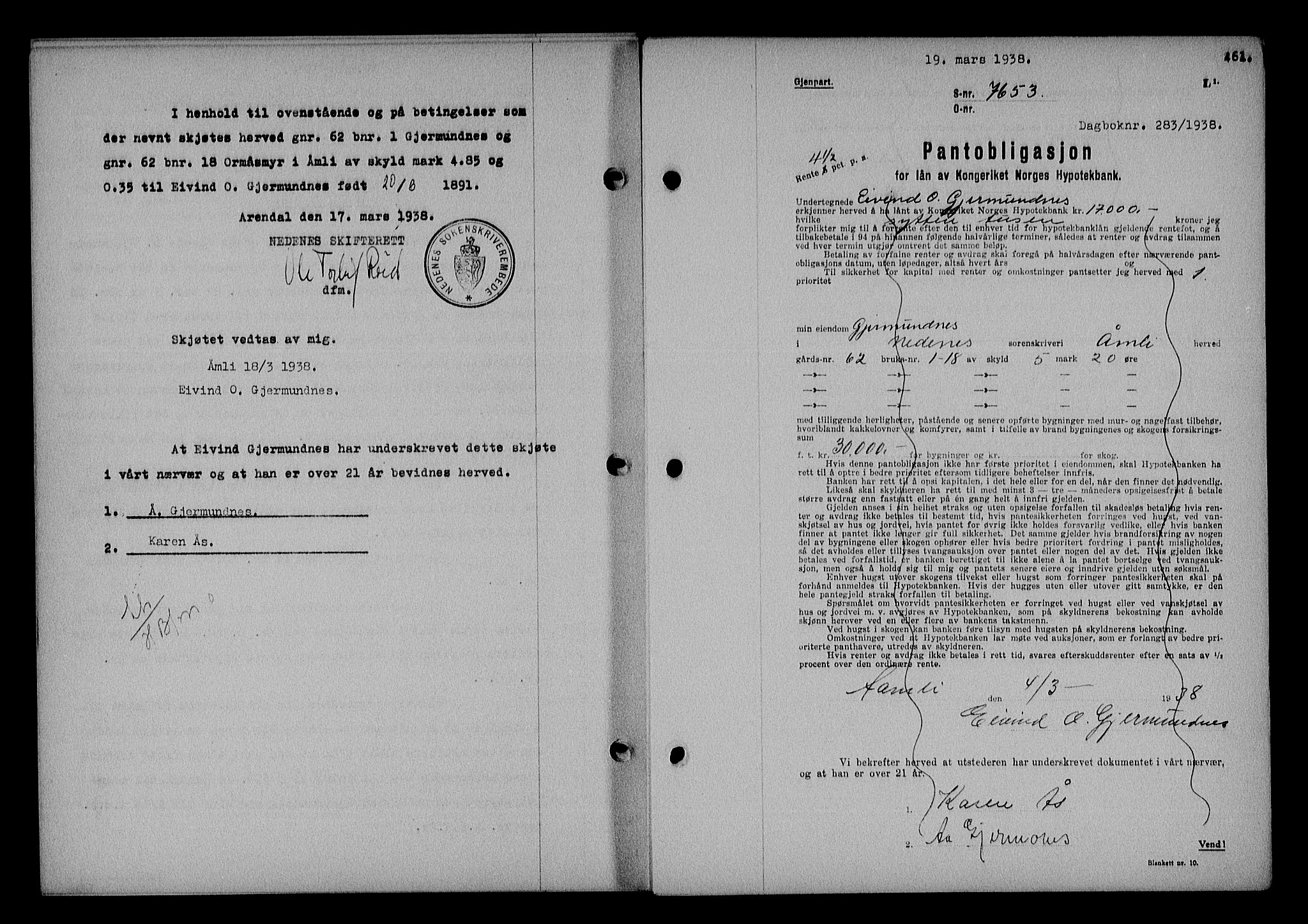 Nedenes sorenskriveri, SAK/1221-0006/G/Gb/Gba/L0044: Mortgage book no. 40, 1937-1938, Diary no: : 283/1938