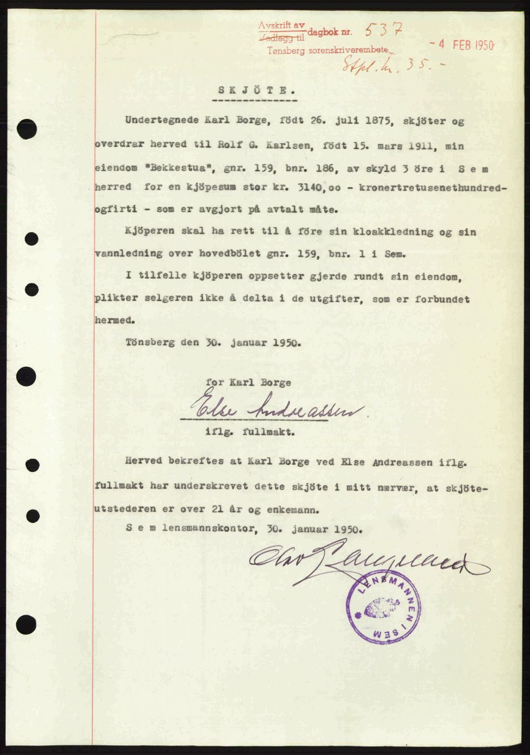 Jarlsberg sorenskriveri, AV/SAKO-A-131/G/Ga/Gaa/L0030: Mortgage book no. A-30, 1949-1950, Diary no: : 537/1950