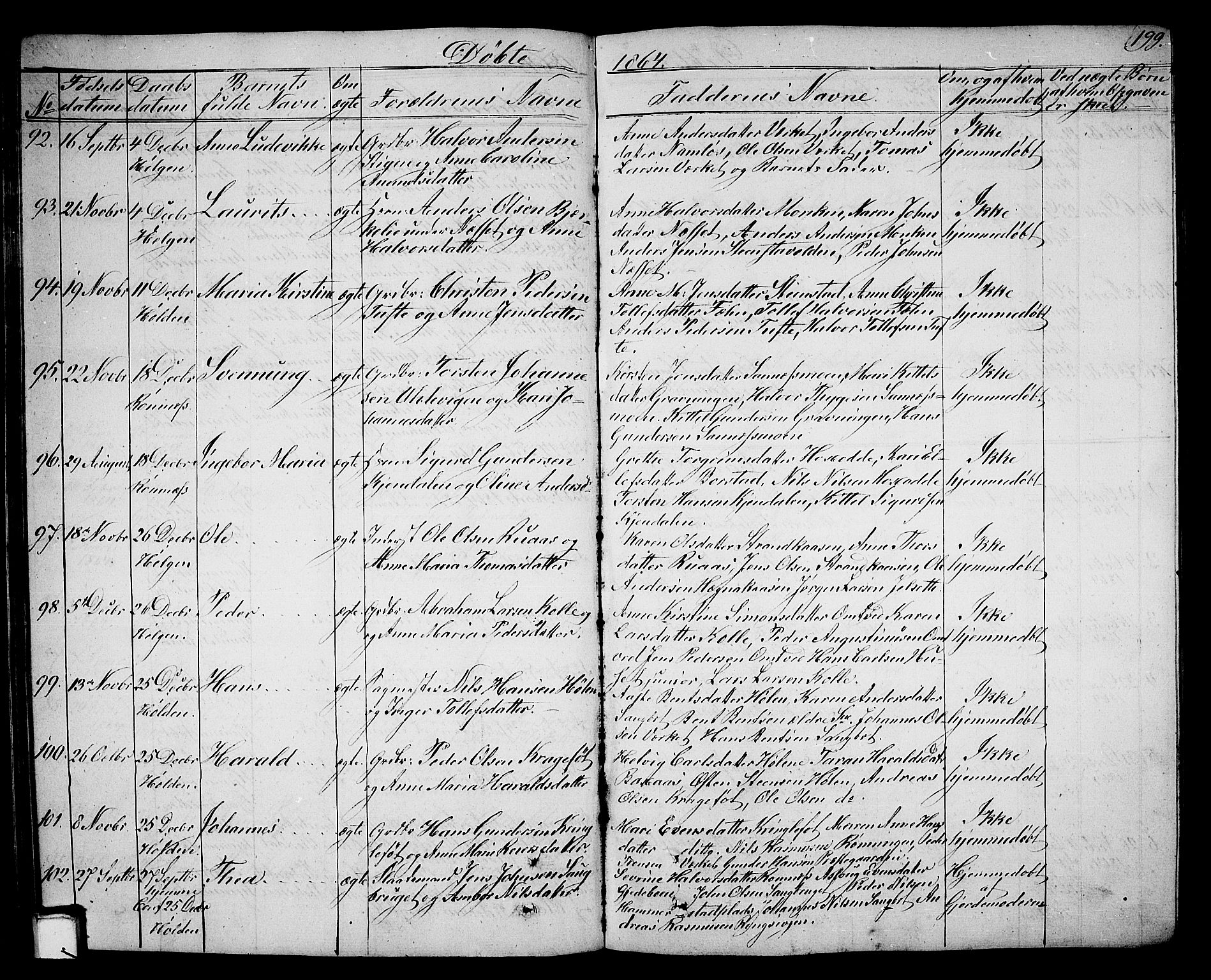 Holla kirkebøker, AV/SAKO-A-272/G/Ga/L0003: Parish register (copy) no. I 3, 1849-1866, p. 199