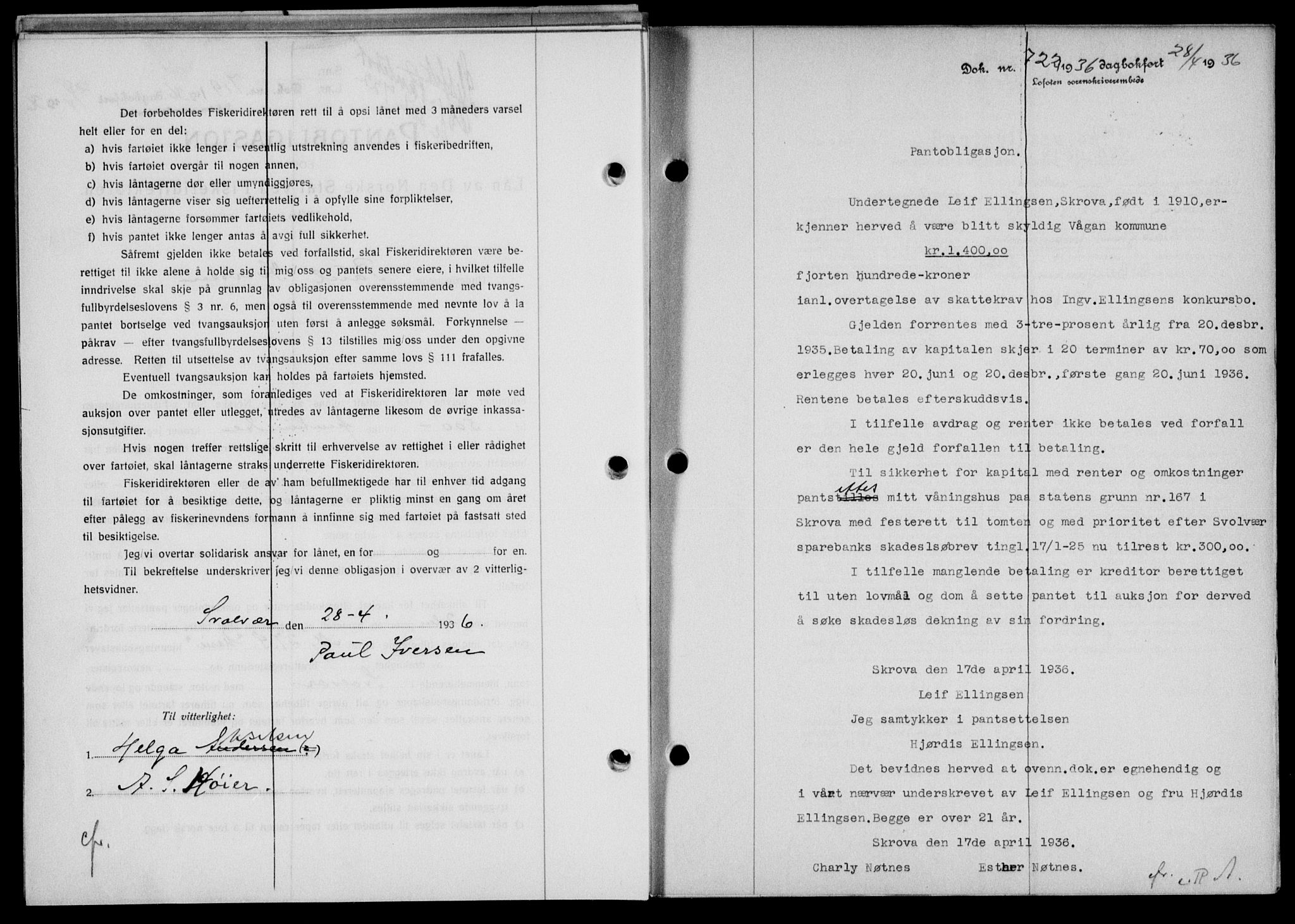 Lofoten sorenskriveri, SAT/A-0017/1/2/2C/L0033b: Mortgage book no. 33b, 1936-1936, Diary no: : 722/1936