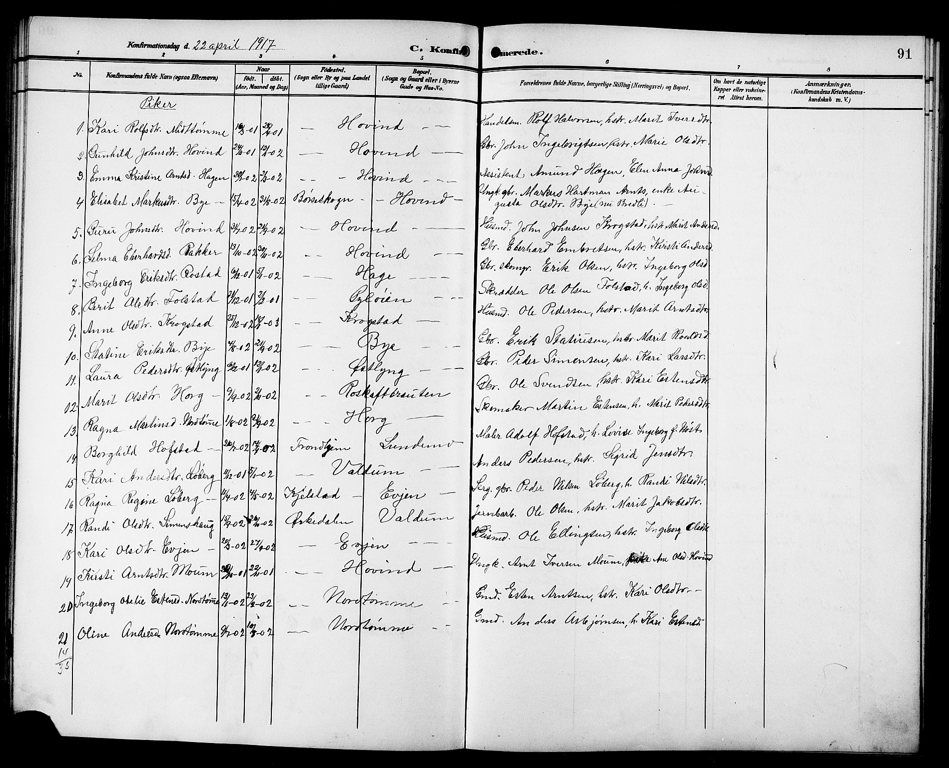Ministerialprotokoller, klokkerbøker og fødselsregistre - Sør-Trøndelag, SAT/A-1456/692/L1112: Parish register (copy) no. 692C07, 1904-1918, p. 91