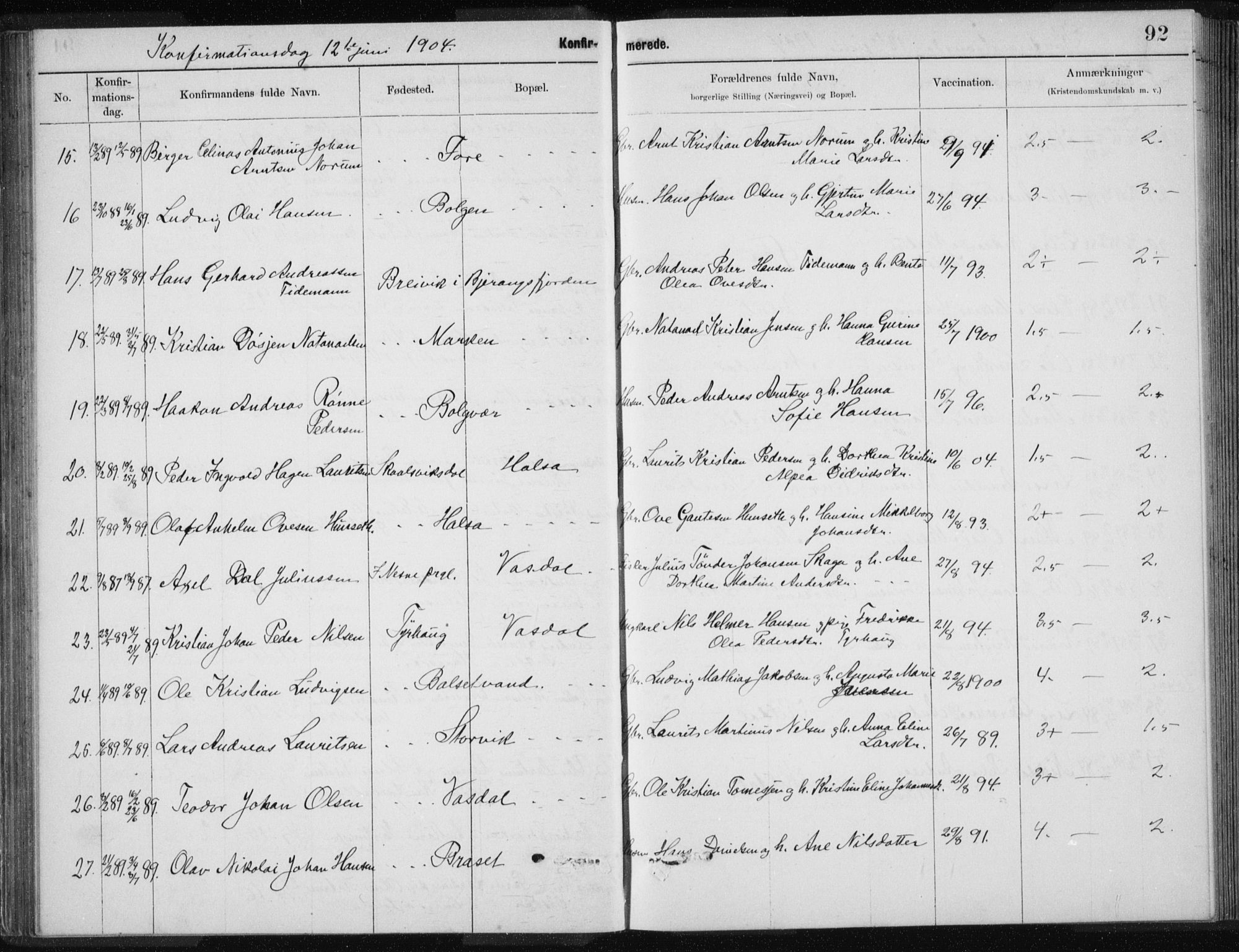 Ministerialprotokoller, klokkerbøker og fødselsregistre - Nordland, SAT/A-1459/843/L0637: Parish register (copy) no. 843C06, 1884-1908, p. 92