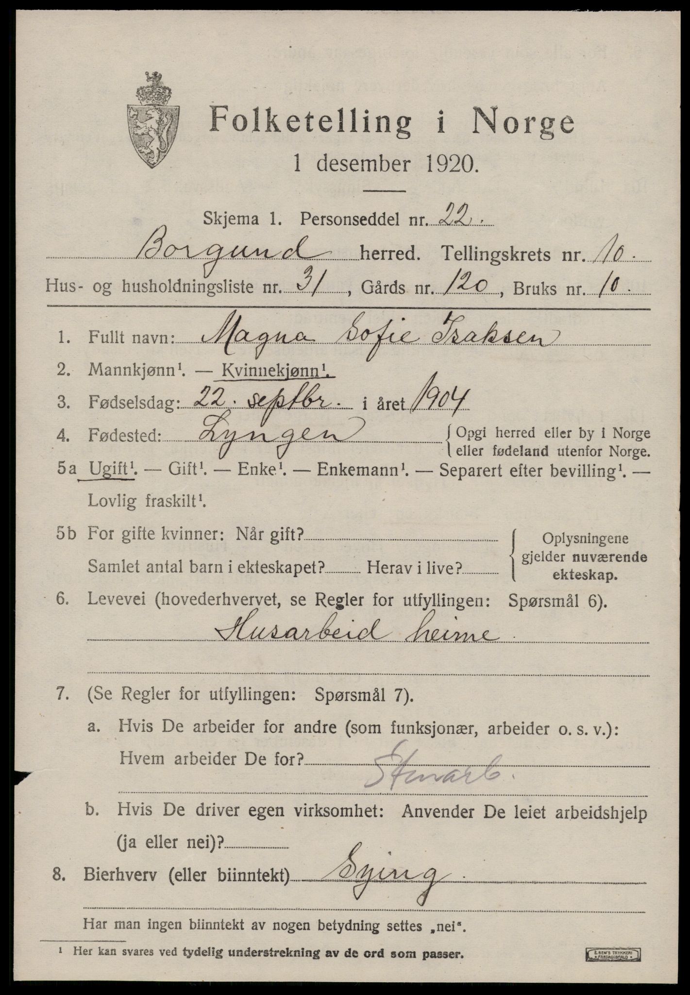 SAT, 1920 census for Borgund, 1920, p. 9836