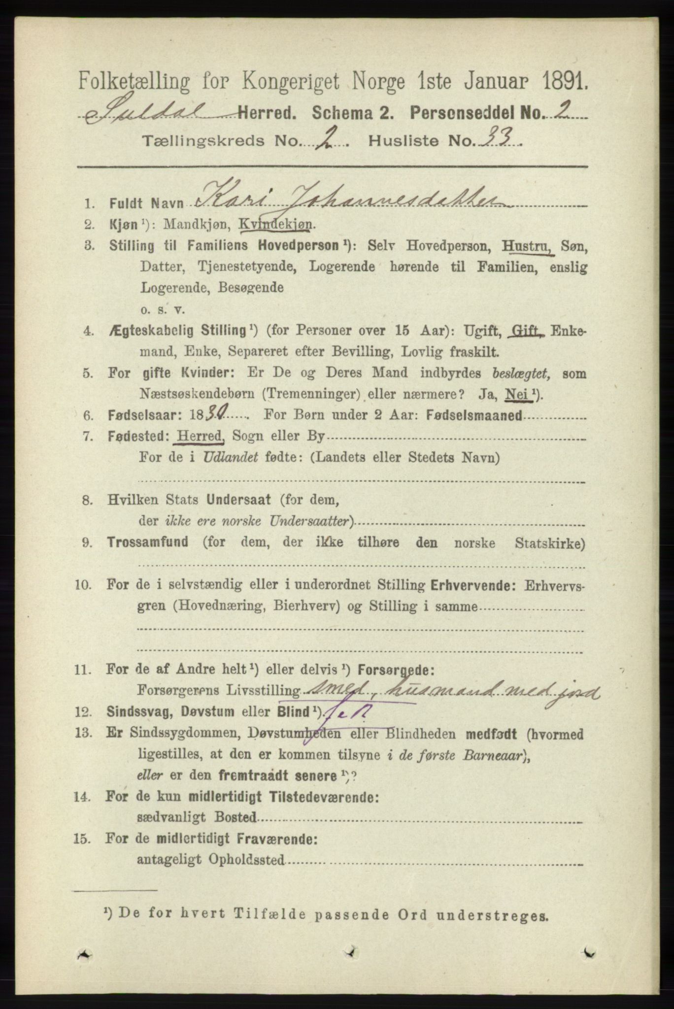 RA, 1891 census for 1134 Suldal, 1891, p. 427