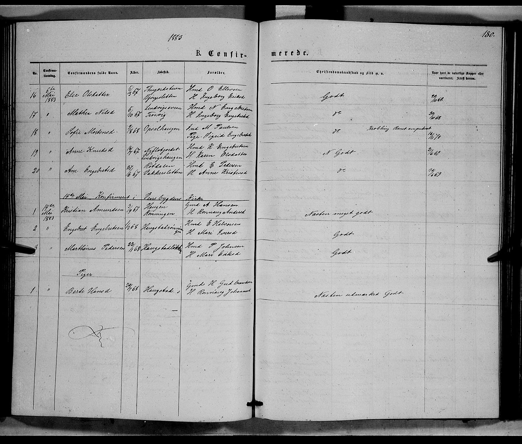 Ringebu prestekontor, SAH/PREST-082/H/Ha/Hab/L0006: Parish register (copy) no. 6, 1880-1898, p. 180