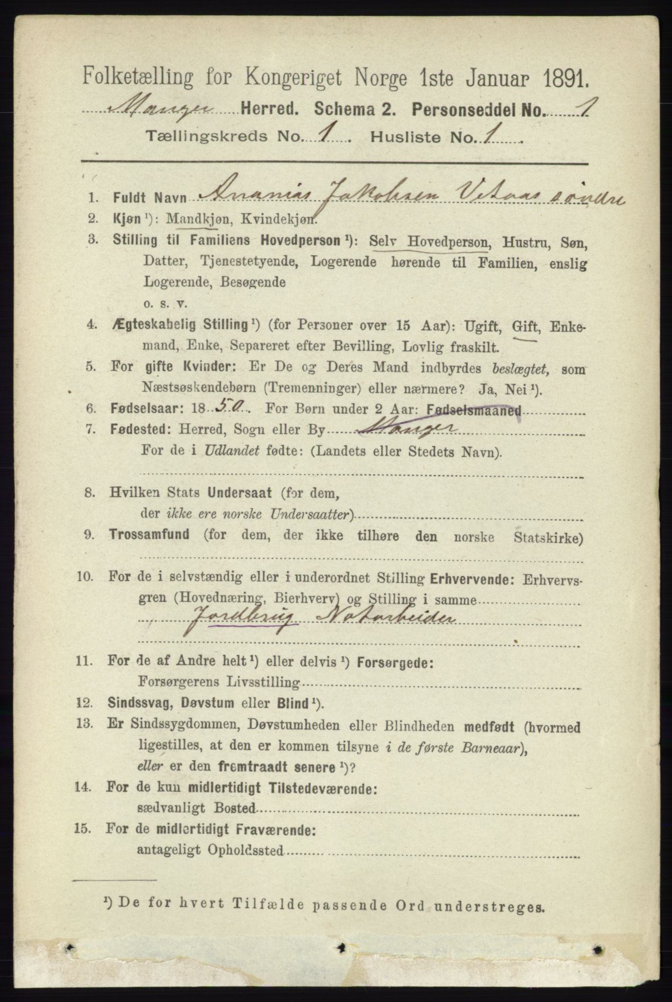 RA, 1891 census for 1261 Manger, 1891, p. 123