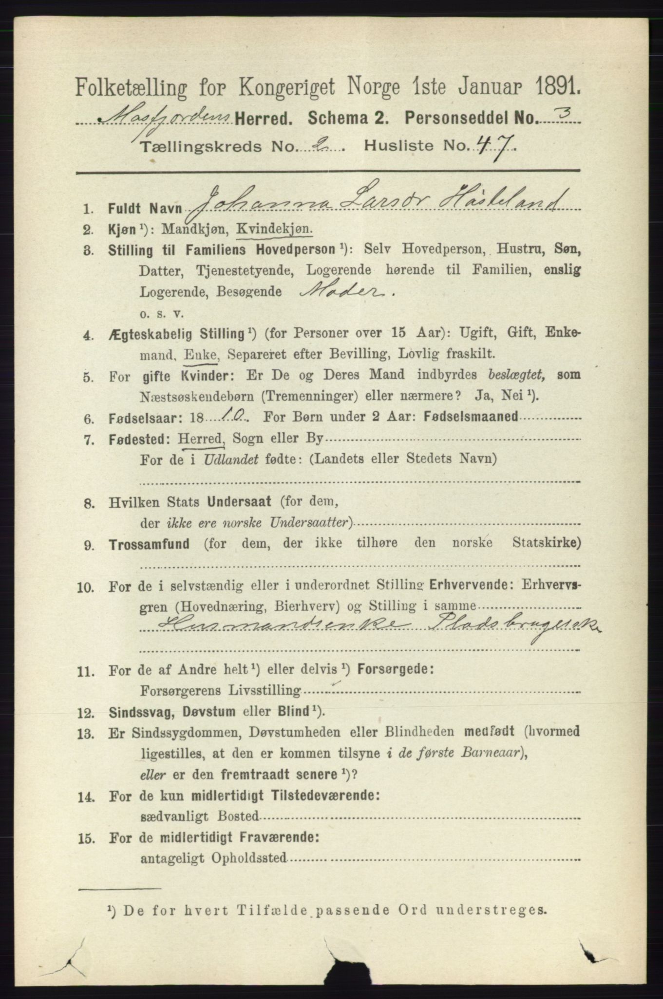 RA, 1891 census for 1266 Masfjorden, 1891, p. 491