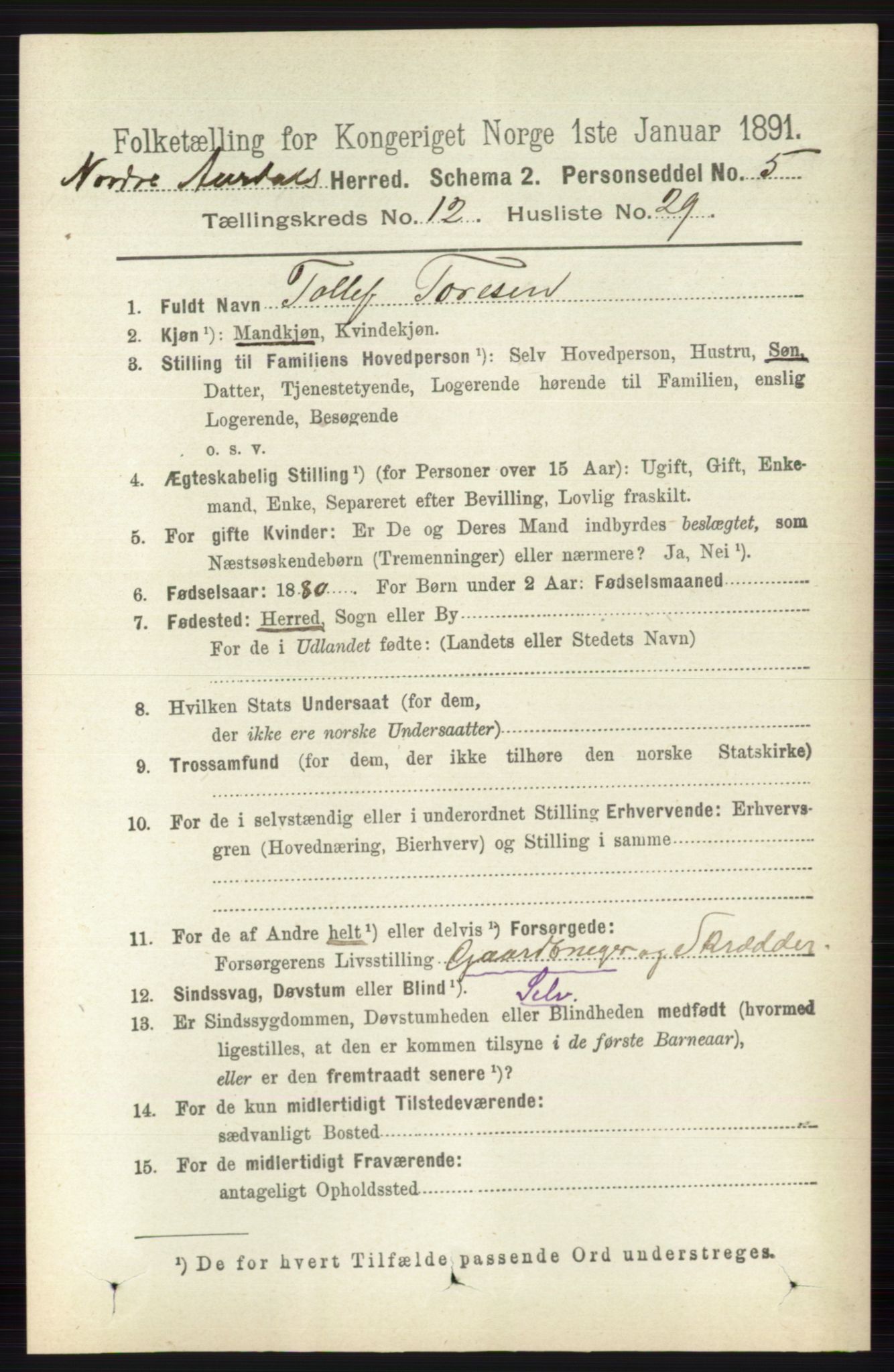 RA, 1891 census for 0542 Nord-Aurdal, 1891, p. 4652