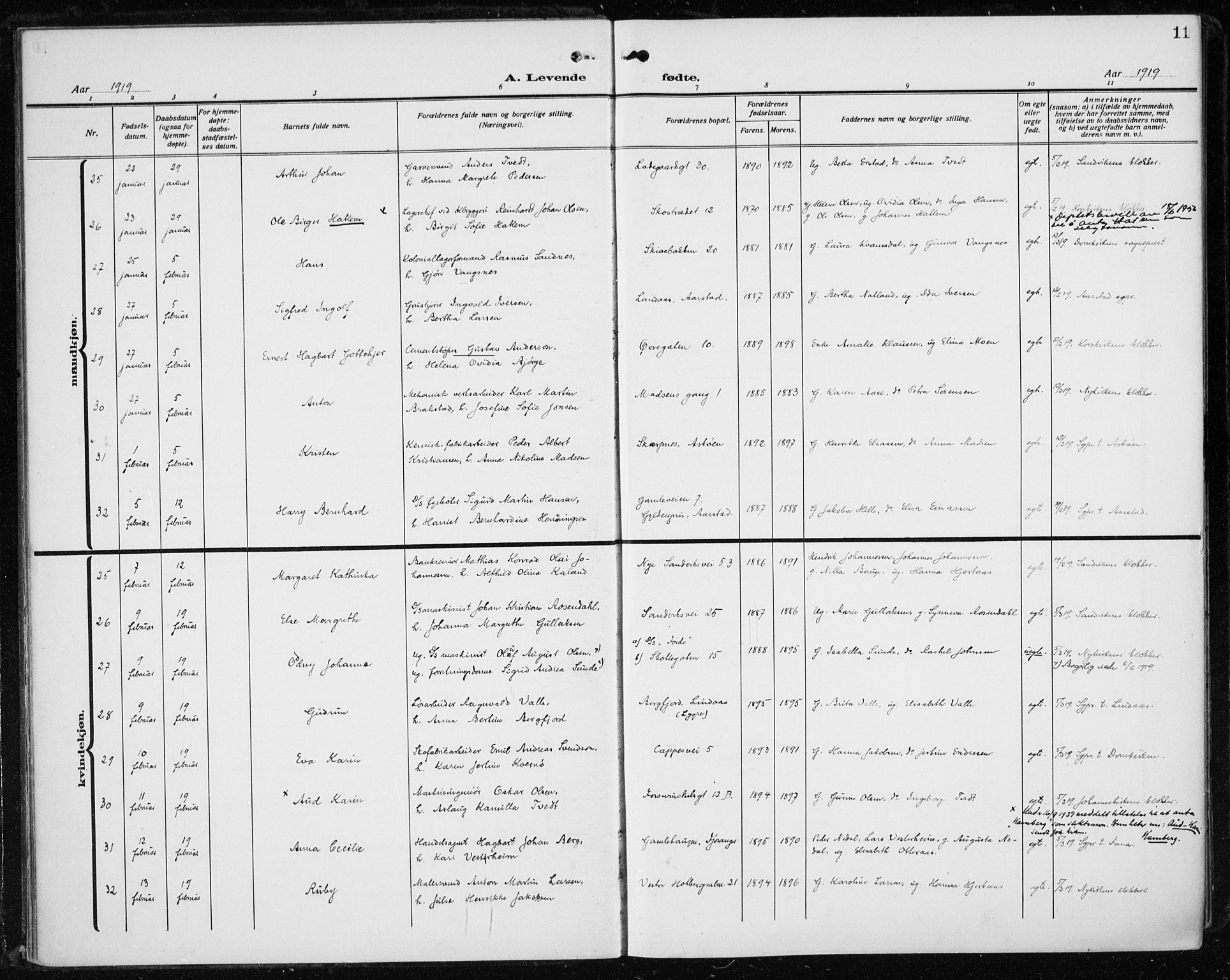 Fødselsstiftelsens sokneprestembete*, SAB/-: Parish register (official) no. A 5, 1918-1926, p. 11