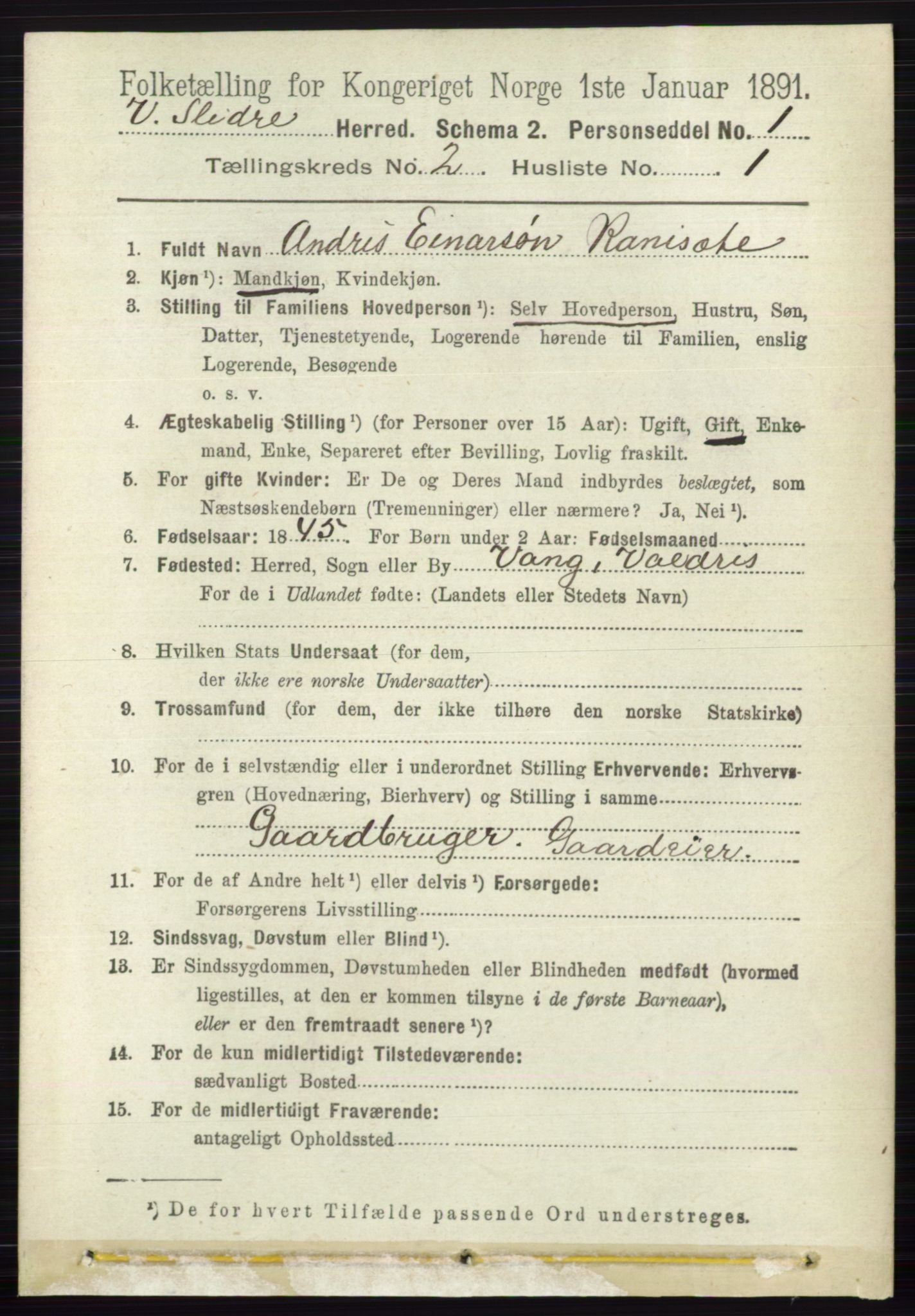 RA, 1891 census for 0543 Vestre Slidre, 1891, p. 504