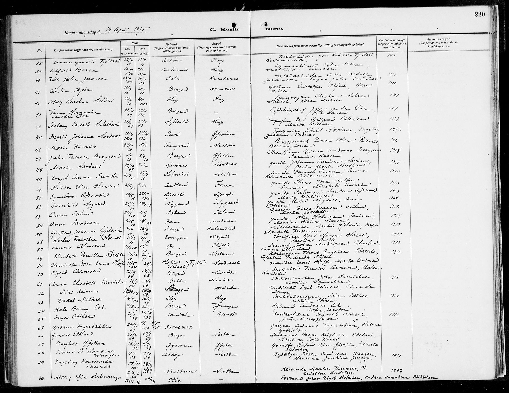 Fana Sokneprestembete, AV/SAB-A-75101/H/Haa/Haaj/L0001: Parish register (official) no. J 1, 1921-1935, p. 220