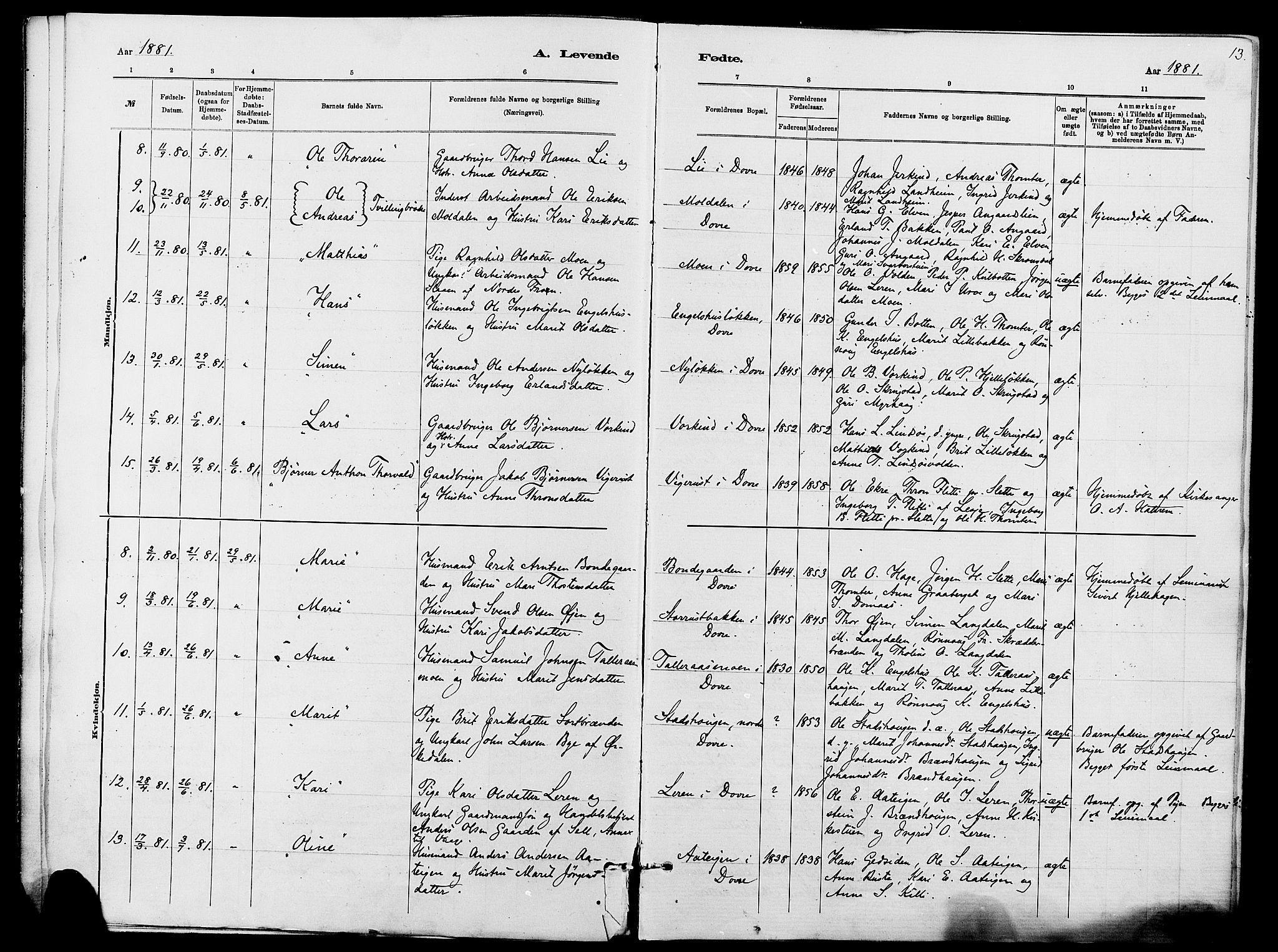 Dovre prestekontor, SAH/PREST-066/H/Ha/Haa/L0002: Parish register (official) no. 2, 1879-1890, p. 13